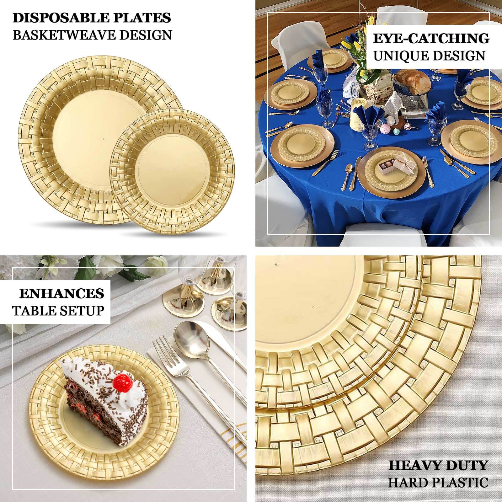 10-Pack Plastic Dinner Plates Gold Basketweave Rim - Durable Disposable Dinner Plates 10"