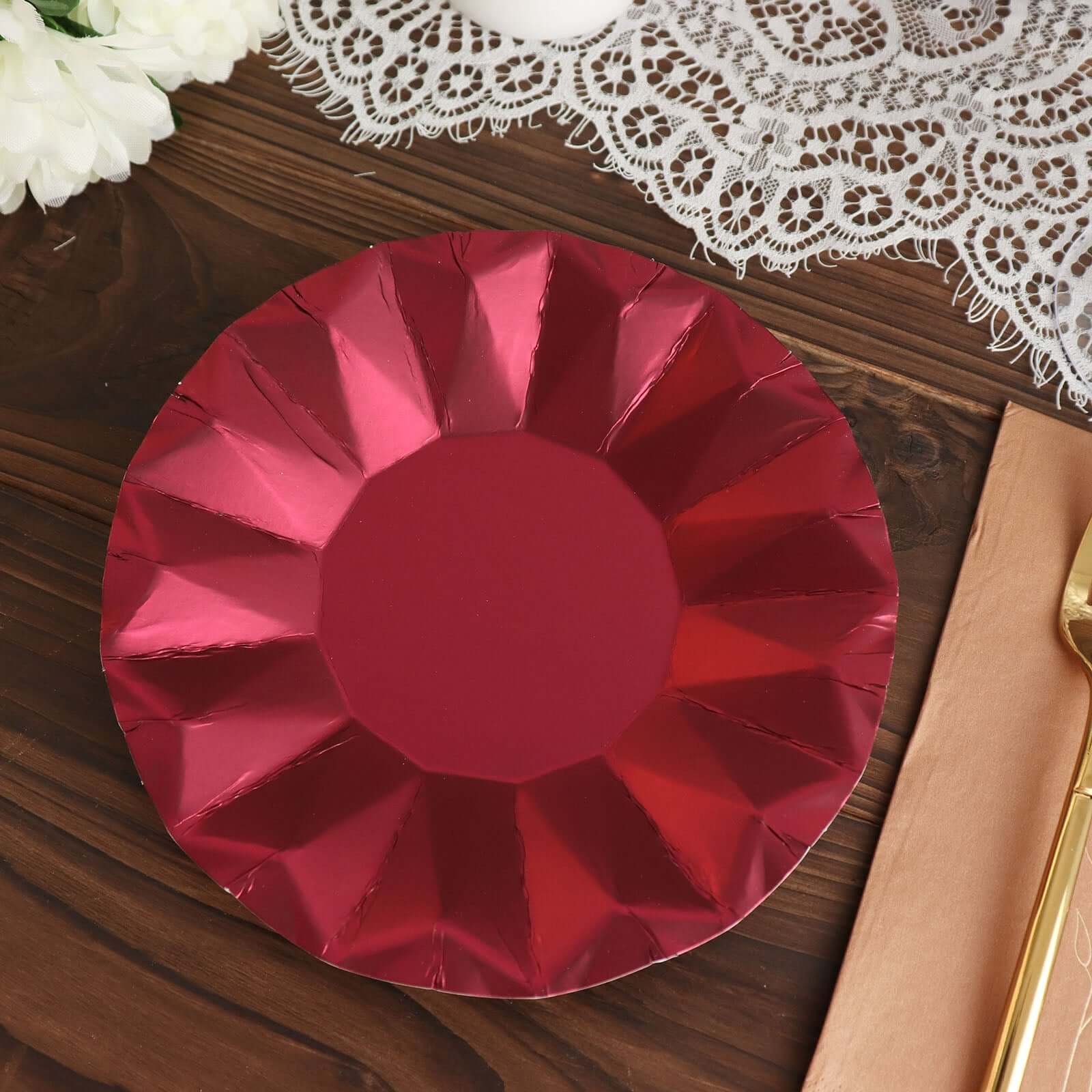 25-Pack Paper 7" Round Dessert Plates in Burgundy with Geometric Prism Rim - Disposable 400GSM Appetizer Salad Plates