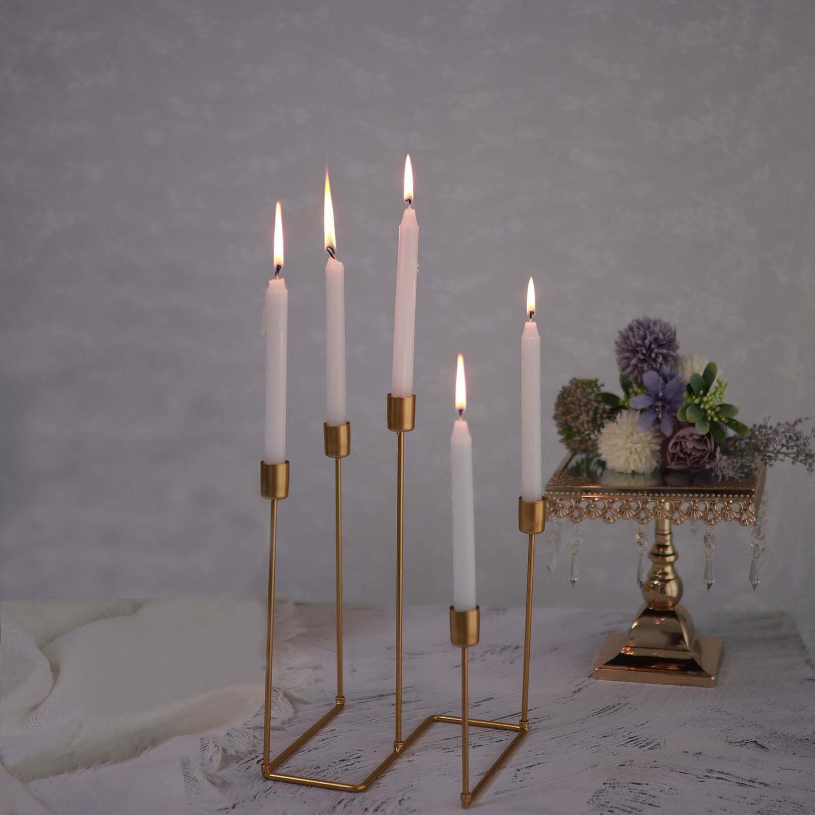 Taper Candle Holder Gold Metal 5-Arm Geometric Candelabra Design - Decorative Piece for Banquets and Celebrations 12"