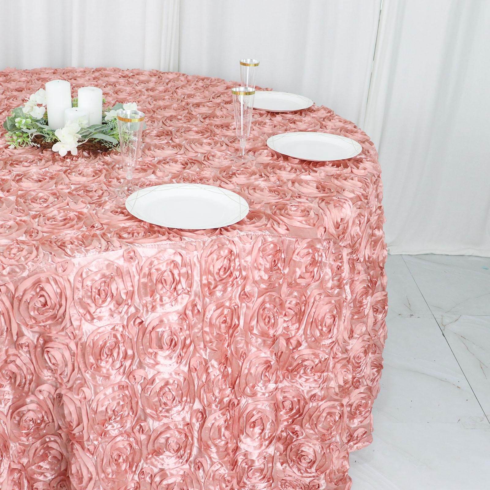 Satin 120" Round Tablecloth Dusty Rose - Grandiose 3D Rosette with Seamless Finish Table Cover
