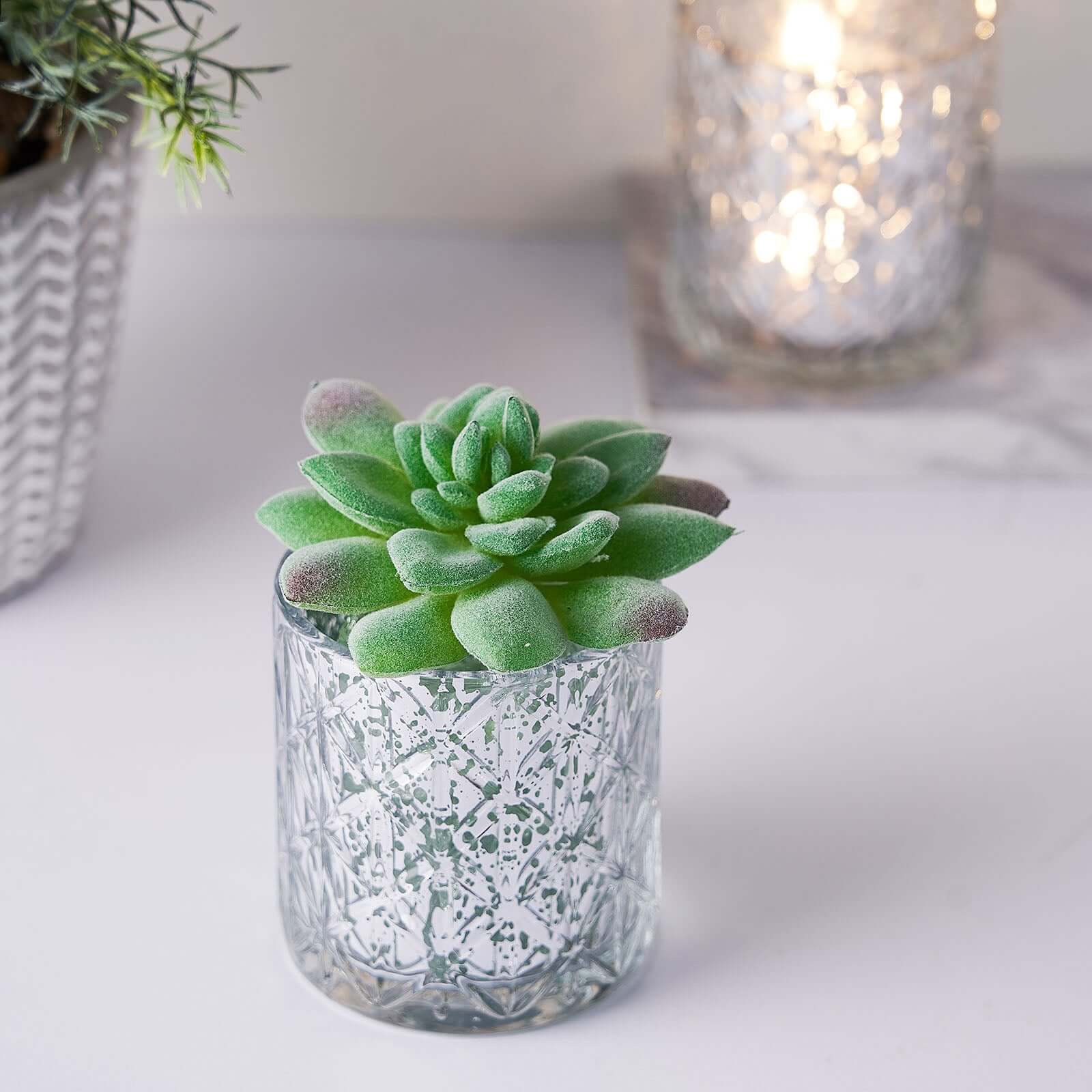 6-Pack Mercury Glass Candle Holders Shiny Silver with Geometric Design - Votive Tealight Holders 3"