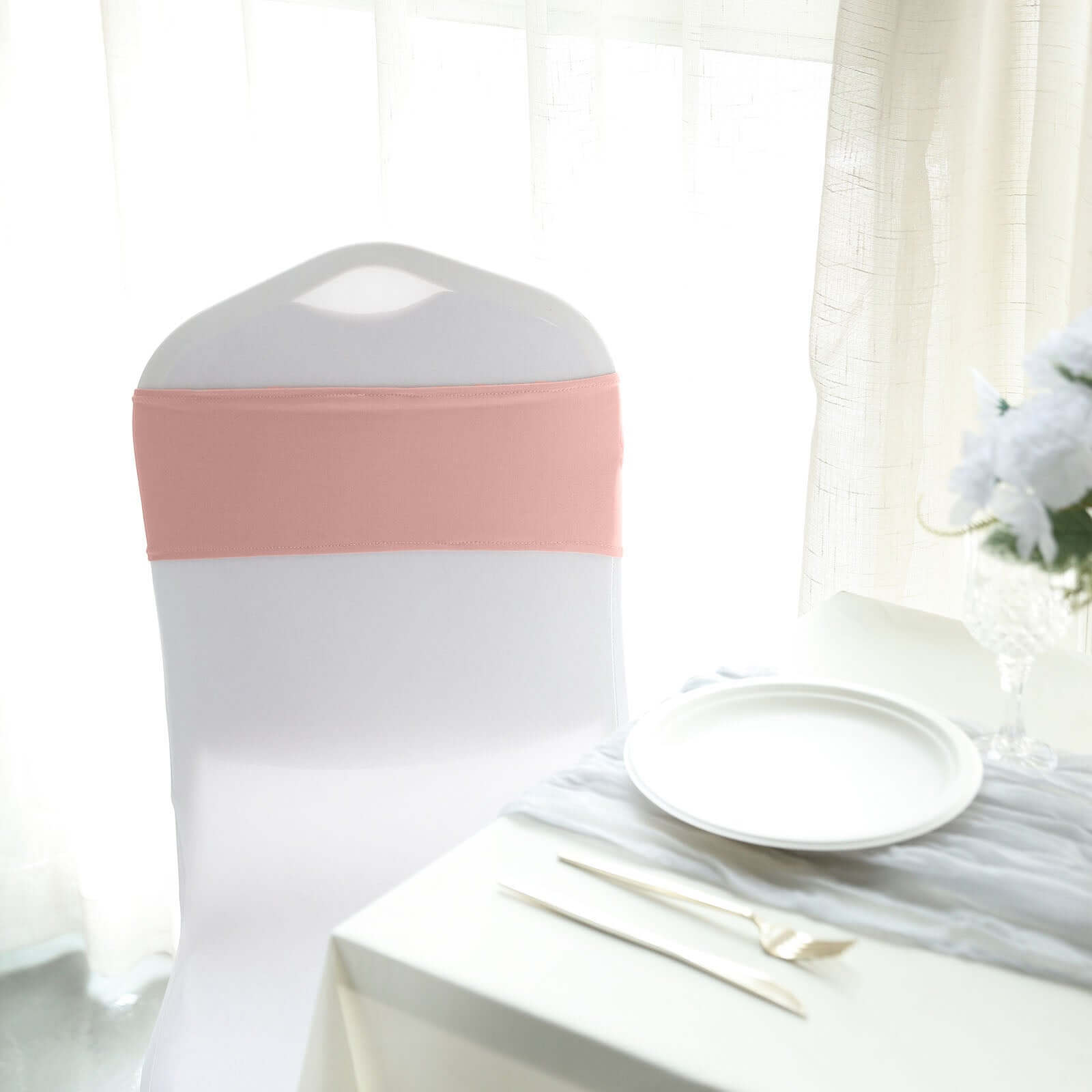 5 Pack Stretch Spandex Chair Sashes Dusty Rose - Reusable Chair Bands with Silver Diamond Ring Slide Buckle 5"x14"