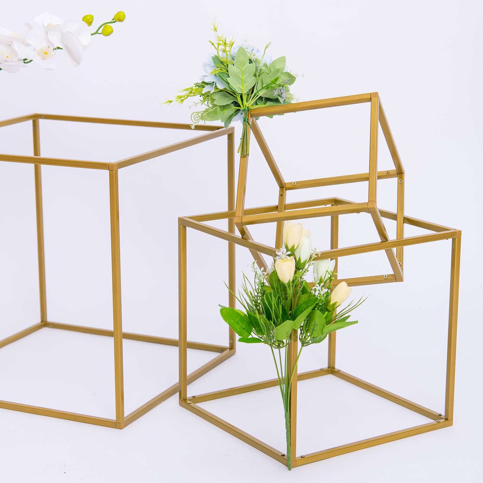 2-Pack Metal Flower Stands Gold Geometric Wedding Centerpieces Square Frame - Compact Design 8"