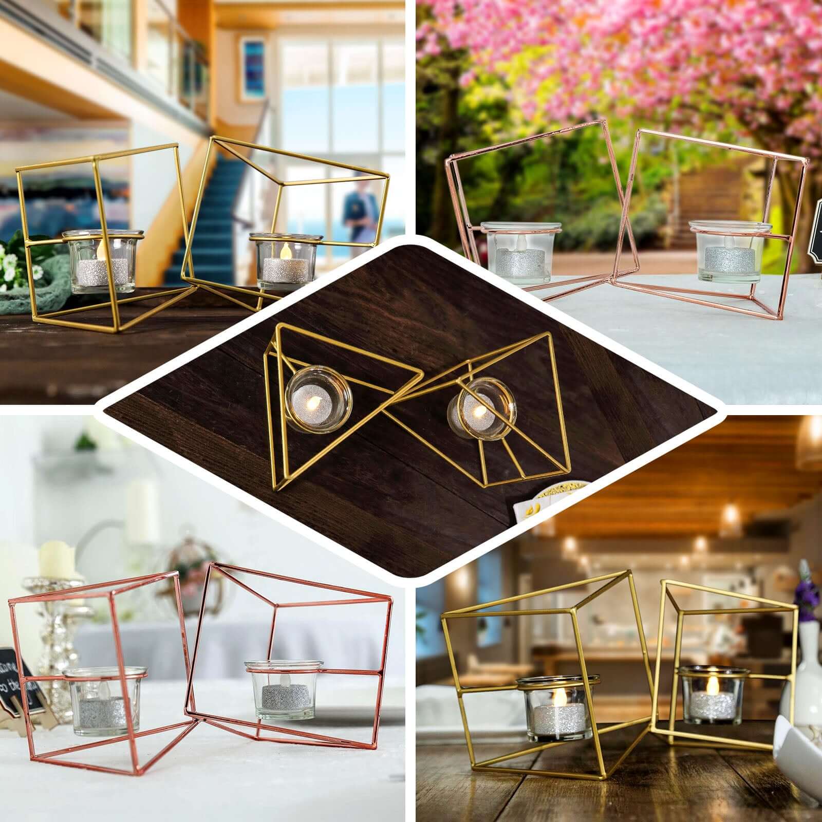 Set of Metal Candle Holders Linked Geometric Design Rose Gold - Chic Votive Glass Decor for Events & Gatherings 9"