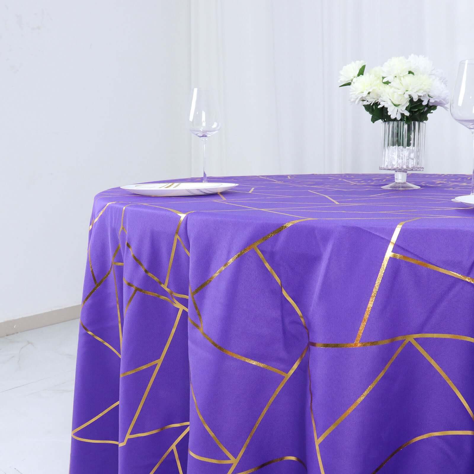 Polyester 120" Round Tablecloth Purple with Gold Foil Geometric Pattern Wrinkle-Resistant Seamless Table Cover
