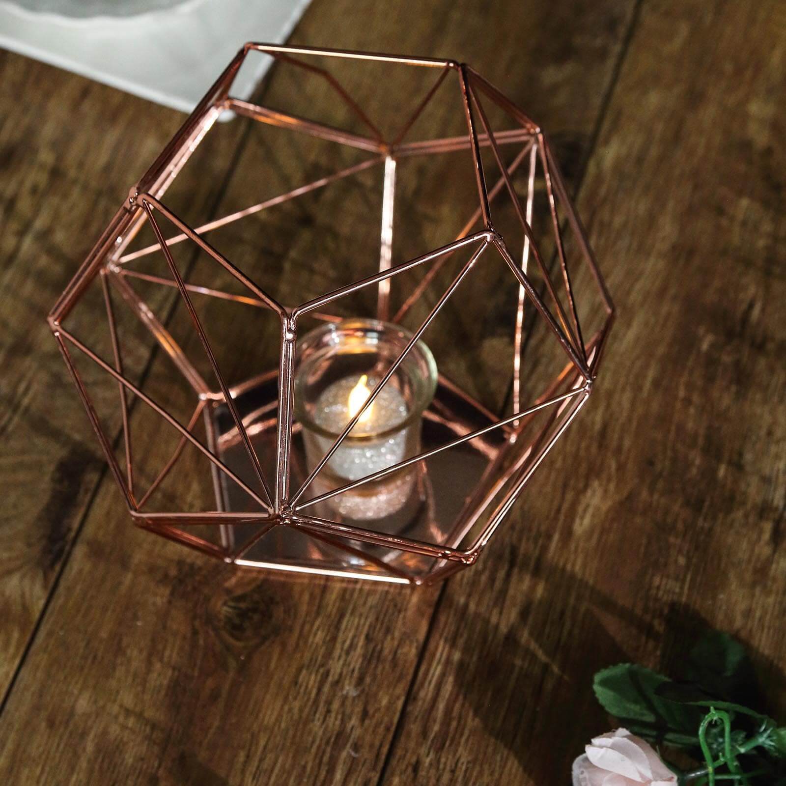 Tealight Candle Holder Rose Gold Metal Pentagon Prism Geometric Open Frame - Flower Stand 7"