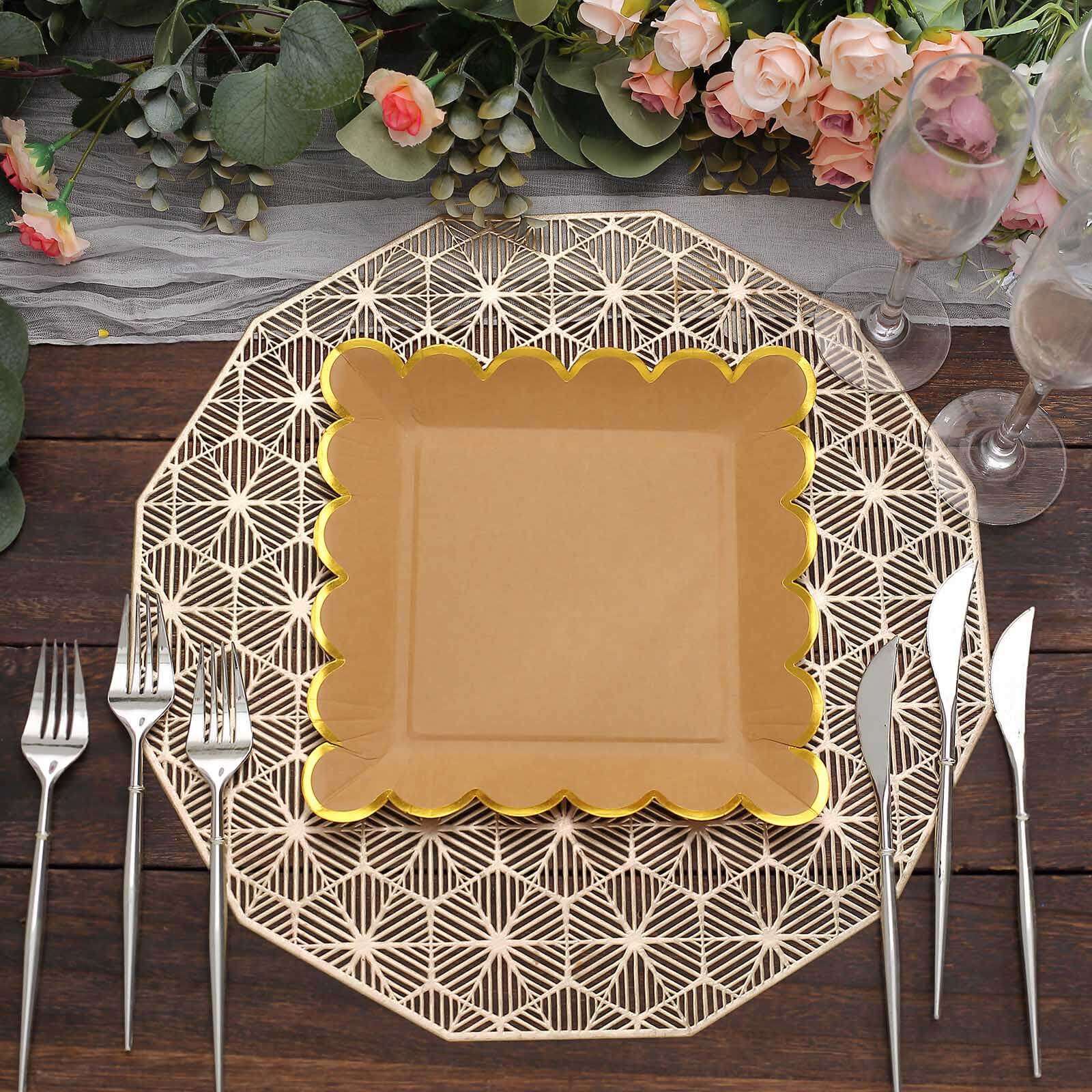 25-Pack Paper 9" Square Dinner Plates in Natural Brown with Gold Scalloped Rim - Disposable Party Plates for Rustic Gatherings & Chic Events