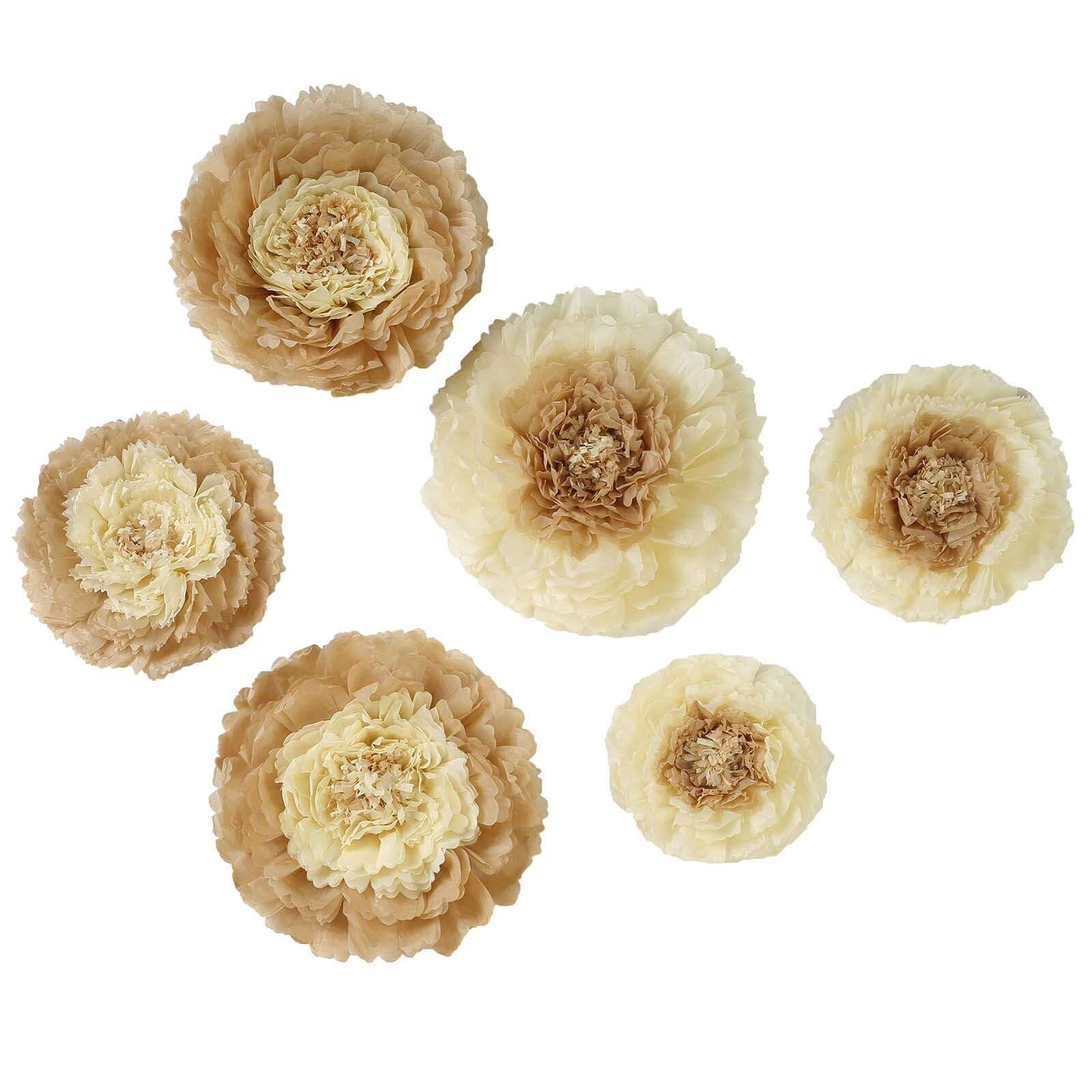 Set of 6 Taupe Natural Giant Carnation 3D Paper Flowers Wall Decor - 12",16",20"