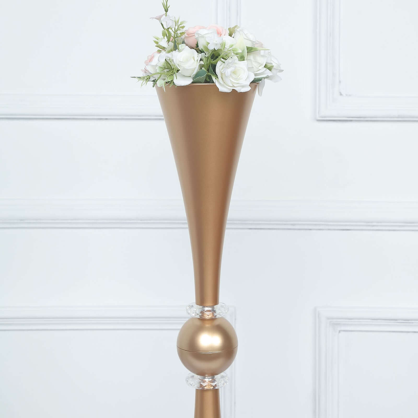 2-Pack Flower Vases Trumpet Design with Crystal Embellishments Gold - Reversible Plastic Centerpieces for Events 27"