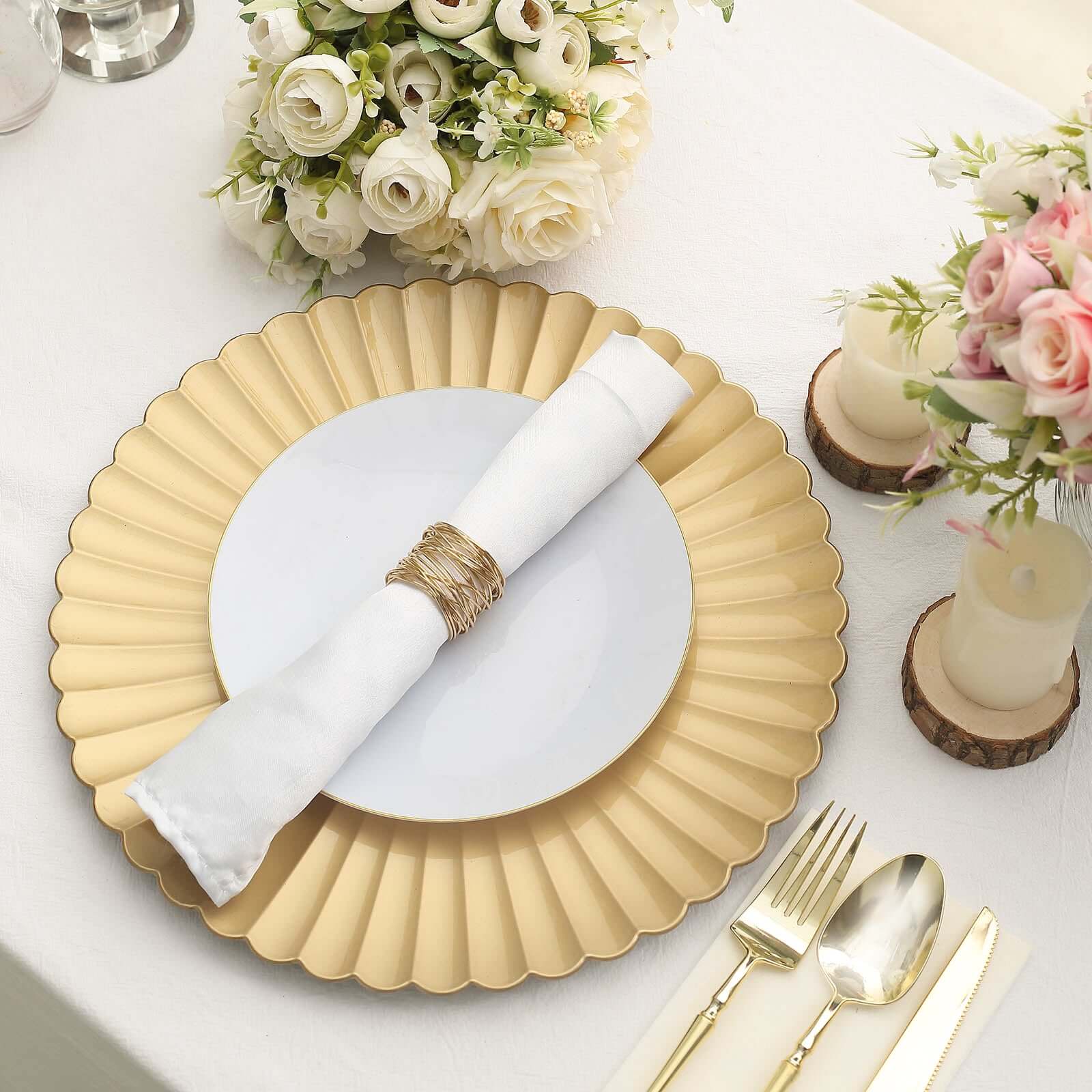 6-Pack Plastic Round Charger Plates 13" in Gold with Scalloped Shell Pattern, Coastal Inspired Disposable Charger Tableware