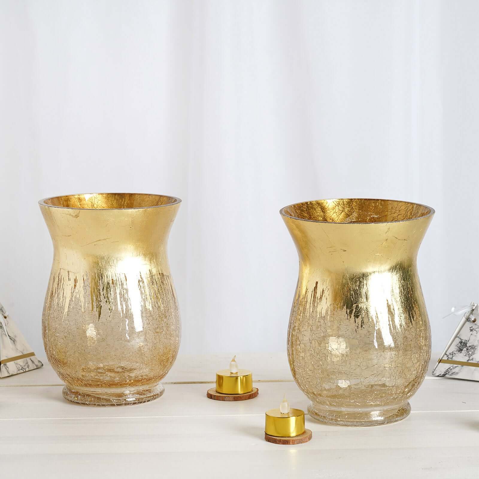 2-Pack Glass Hurricane Vases Bell Shaped Crackle Gold Curvy Design - Stylish Candle Holder Centerpieces 8"
