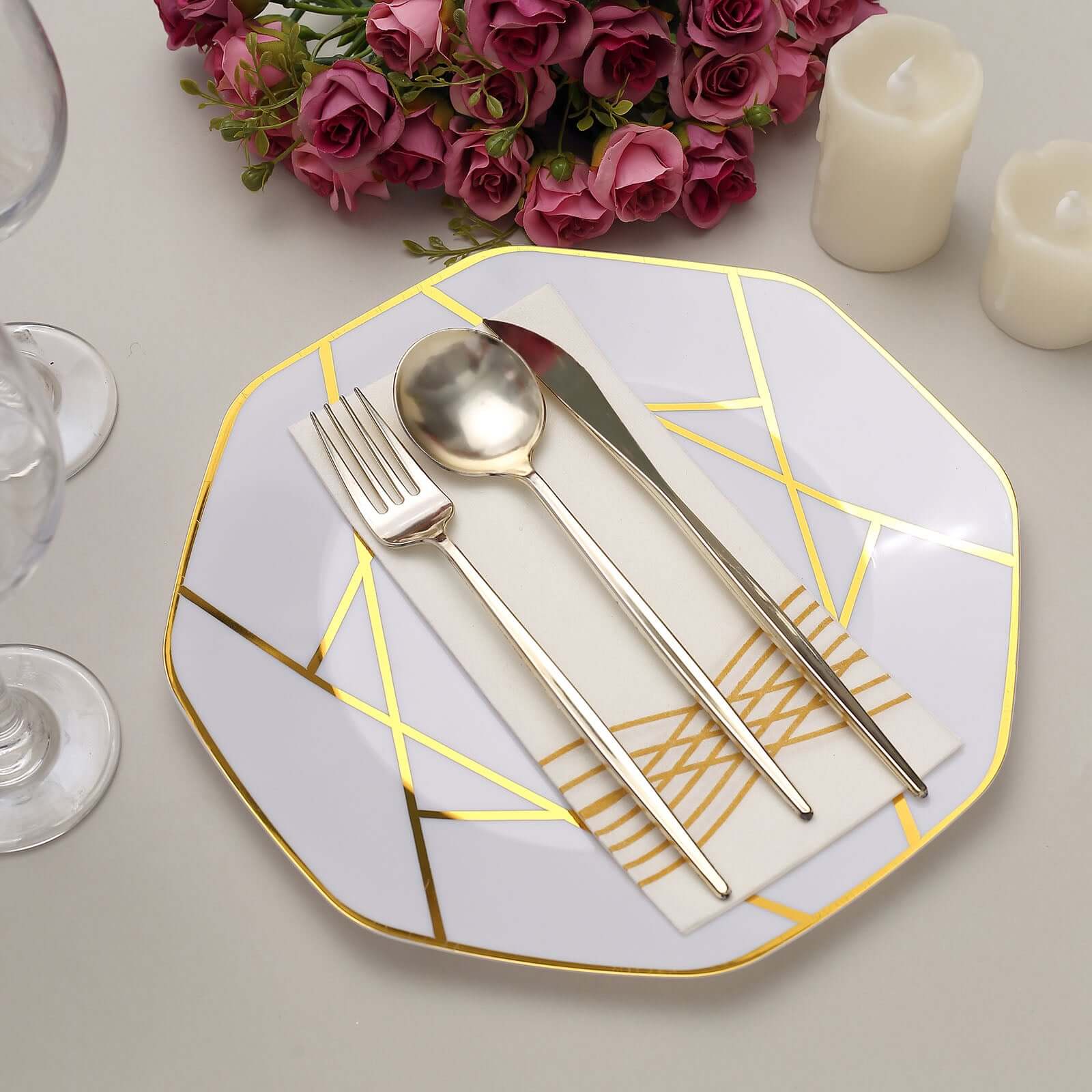 10-Pack Plastic 10" Octagon Dinner Plates in White - Modern Disposable Party Plates with Gold Geometric Design for Special Occasions & Celebrations