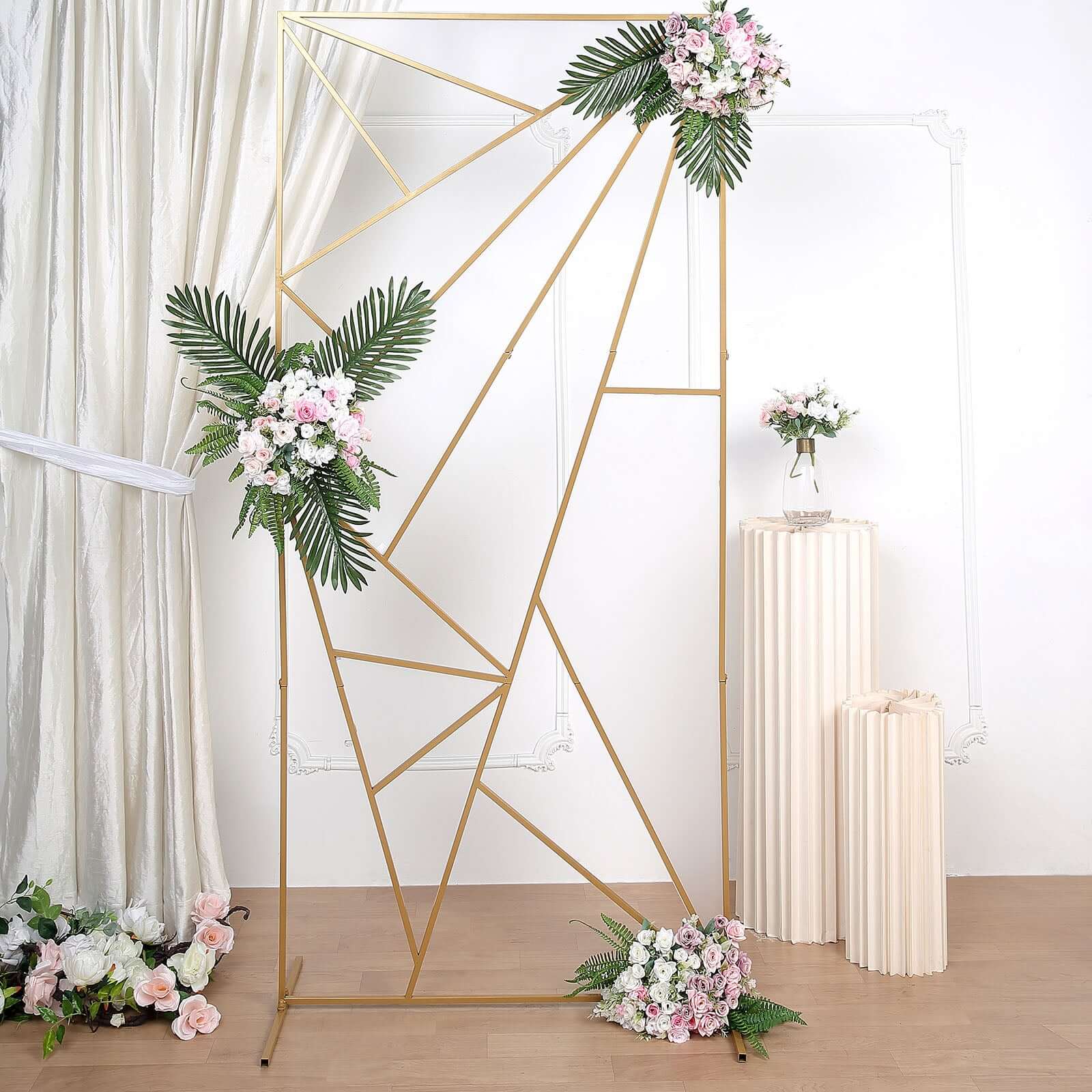 7ft Tall Gold Metal Rectangular Geometric Flower Frame Prop Stand, Wedding Backdrop Floor Stand With Cloudy Film Insert