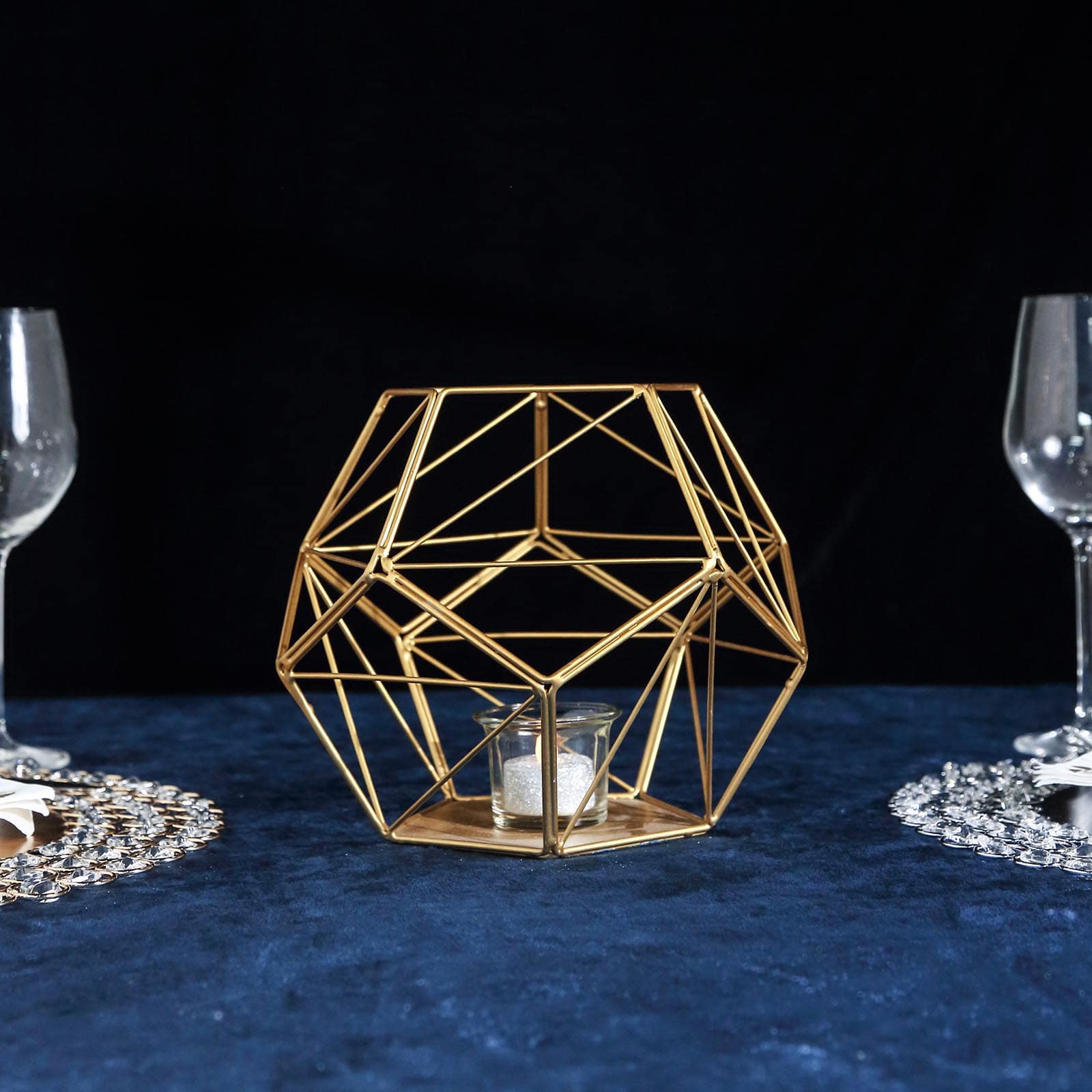 Tealight Candle Holder Gold Metal Pentagon Prism Geometric Open Frame - Flower Stand 7"