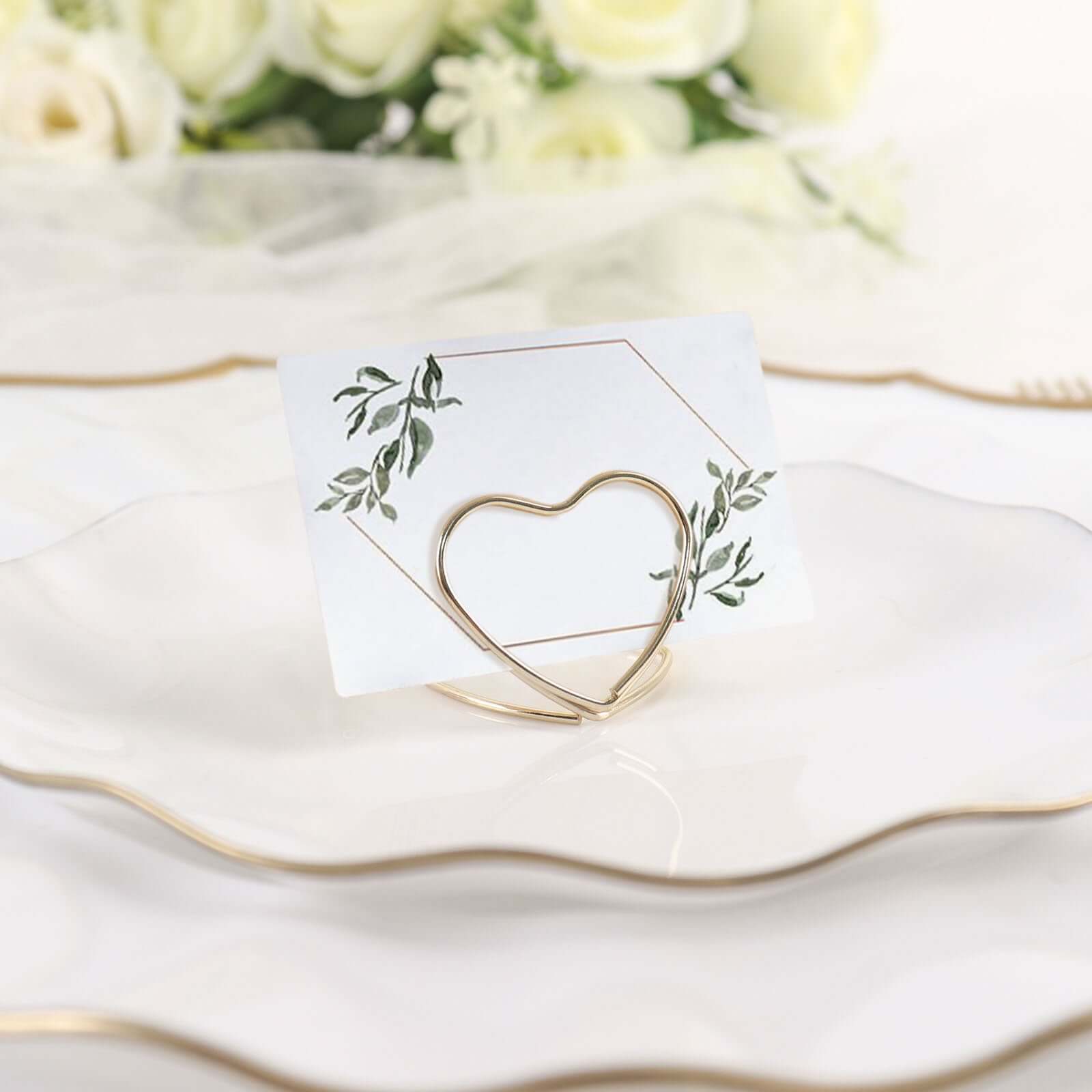 10-Pack Metal Card Holder Stands Double Heart Design Gold - Table Number Stands and Wedding Place Card Menu Clips 1"