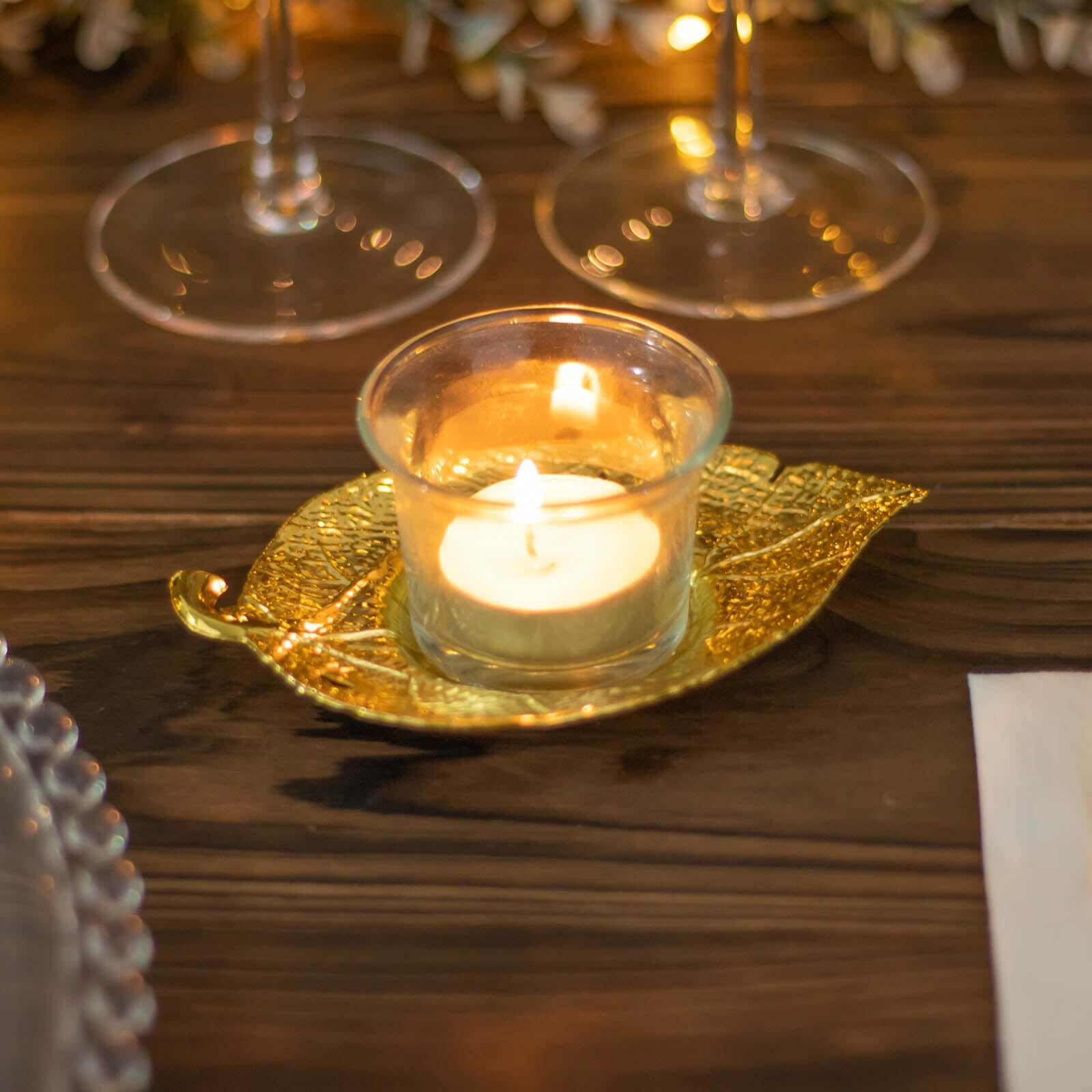 3-Pack Metal Votive Candle Holders Maple Leaf Design Shiny Gold - Vintage Mini Tea Cup Saucers 5"