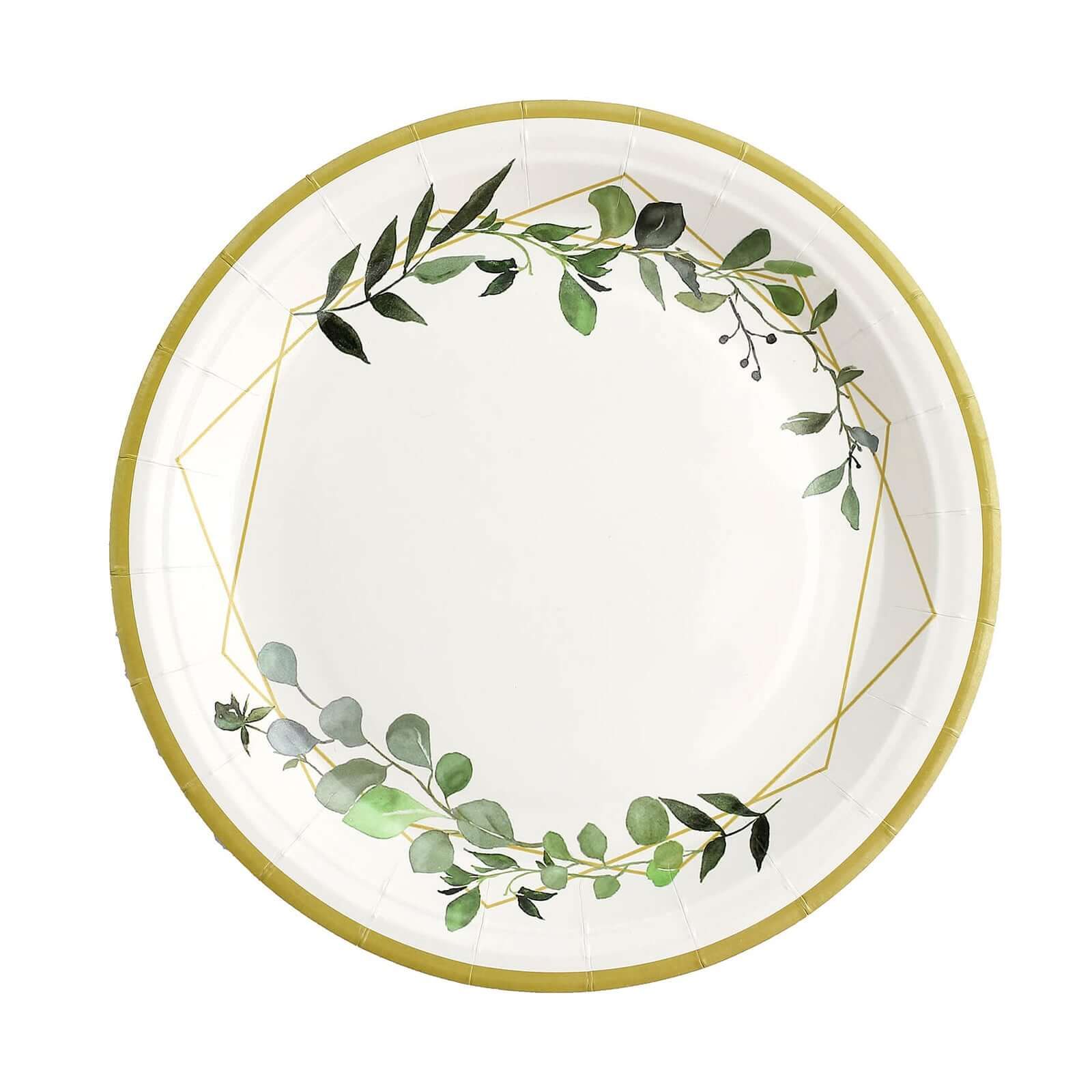 24-Pack Paper 9" Round Dinner Plates in White with Eucalyptus Leaves & Gold Rim - Disposable 300GSM Party Plates for Modern & Nature-Inspired Events