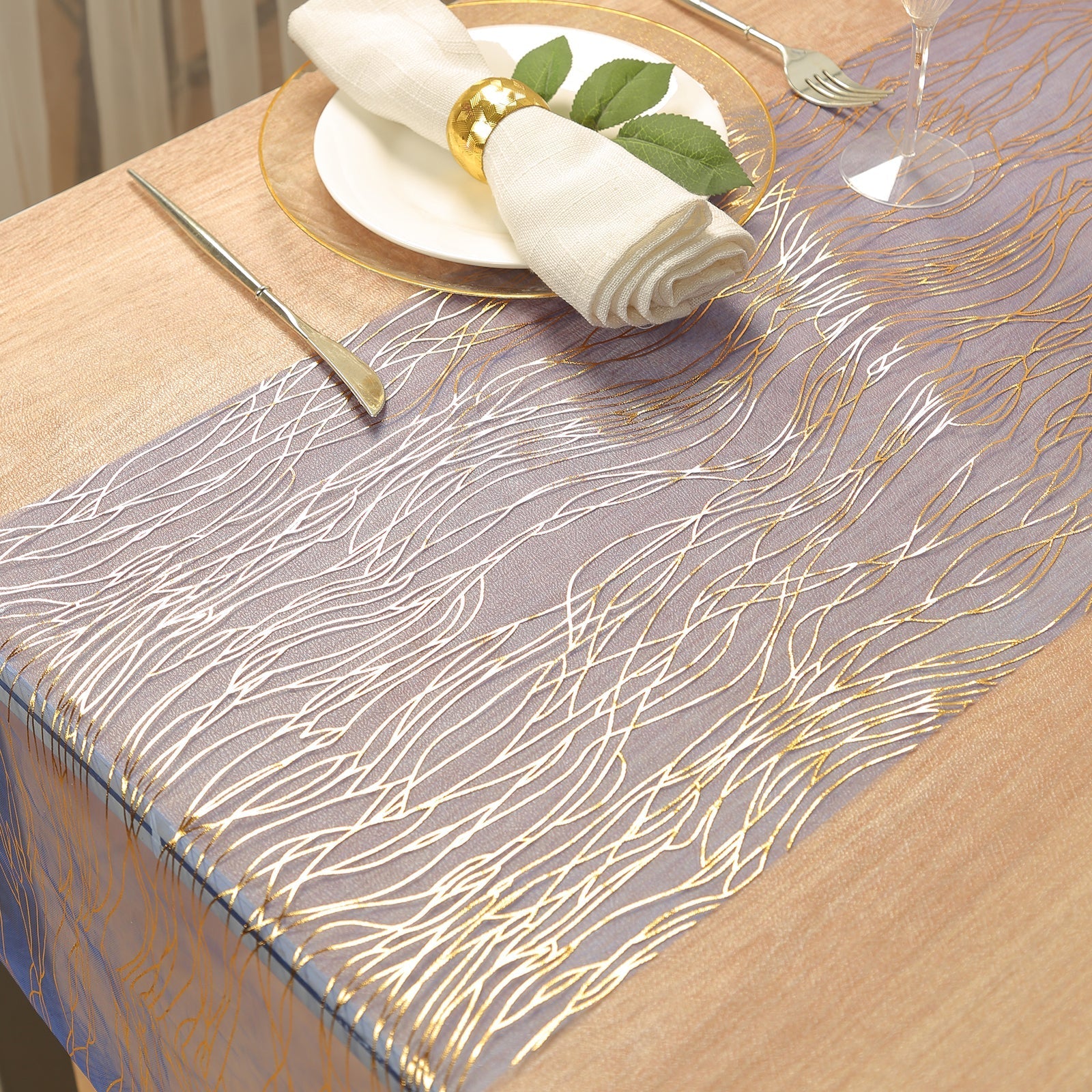 5 Pack Organza 12"x108" Table Runners Royal Blue - Gold Wave Design