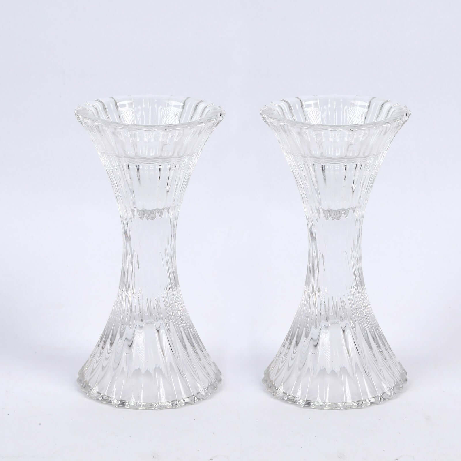 2-Pack Crystal Pillar Candlestick Stands Hour Glass Design with Diagonal Stripes Clear - Reversible Taper Holders 5"