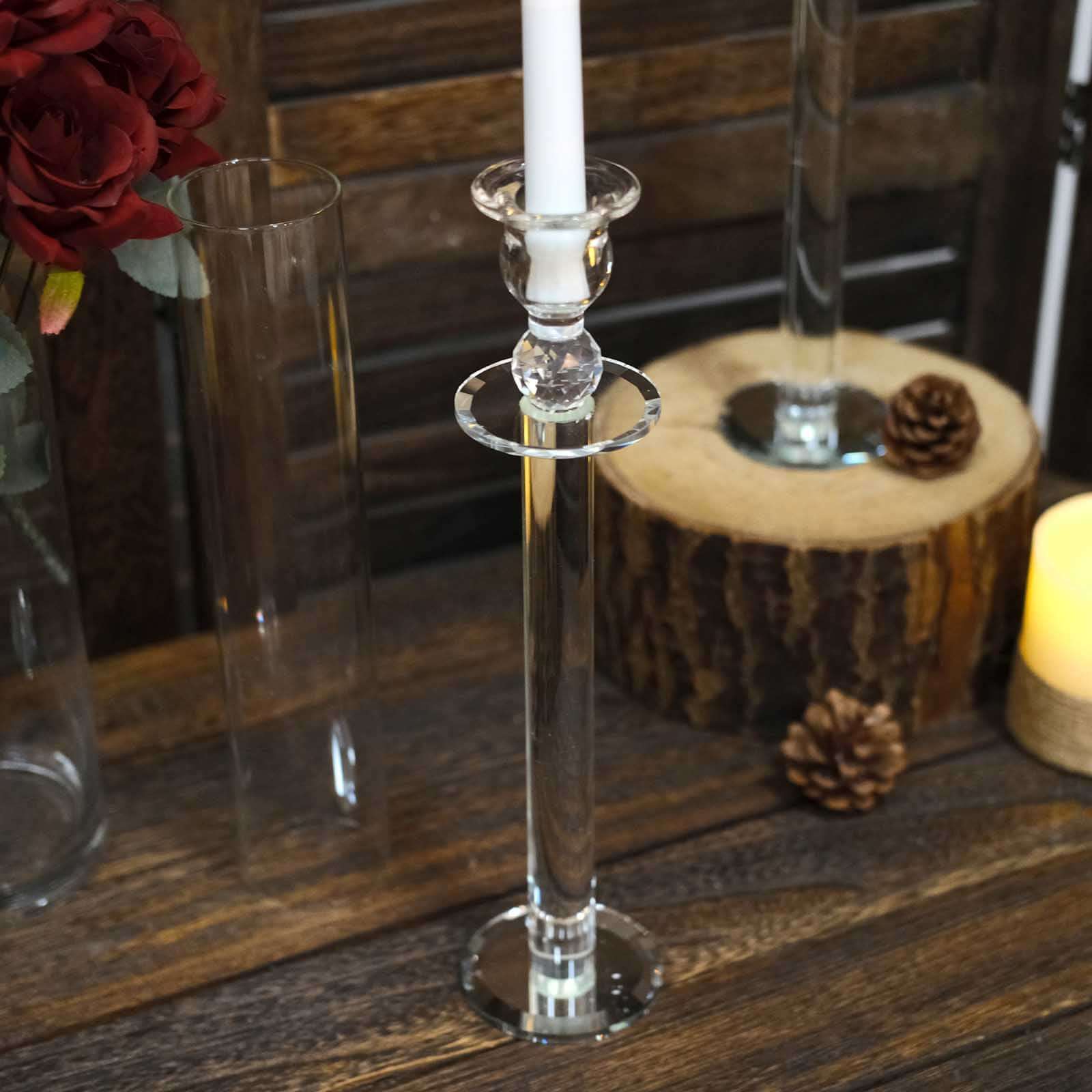 2-Pack Crystal Glass Hurricane Taper Candle Holders, Tall Decorative Candle Stands Clear Cylinder Chimney Tubes 22"