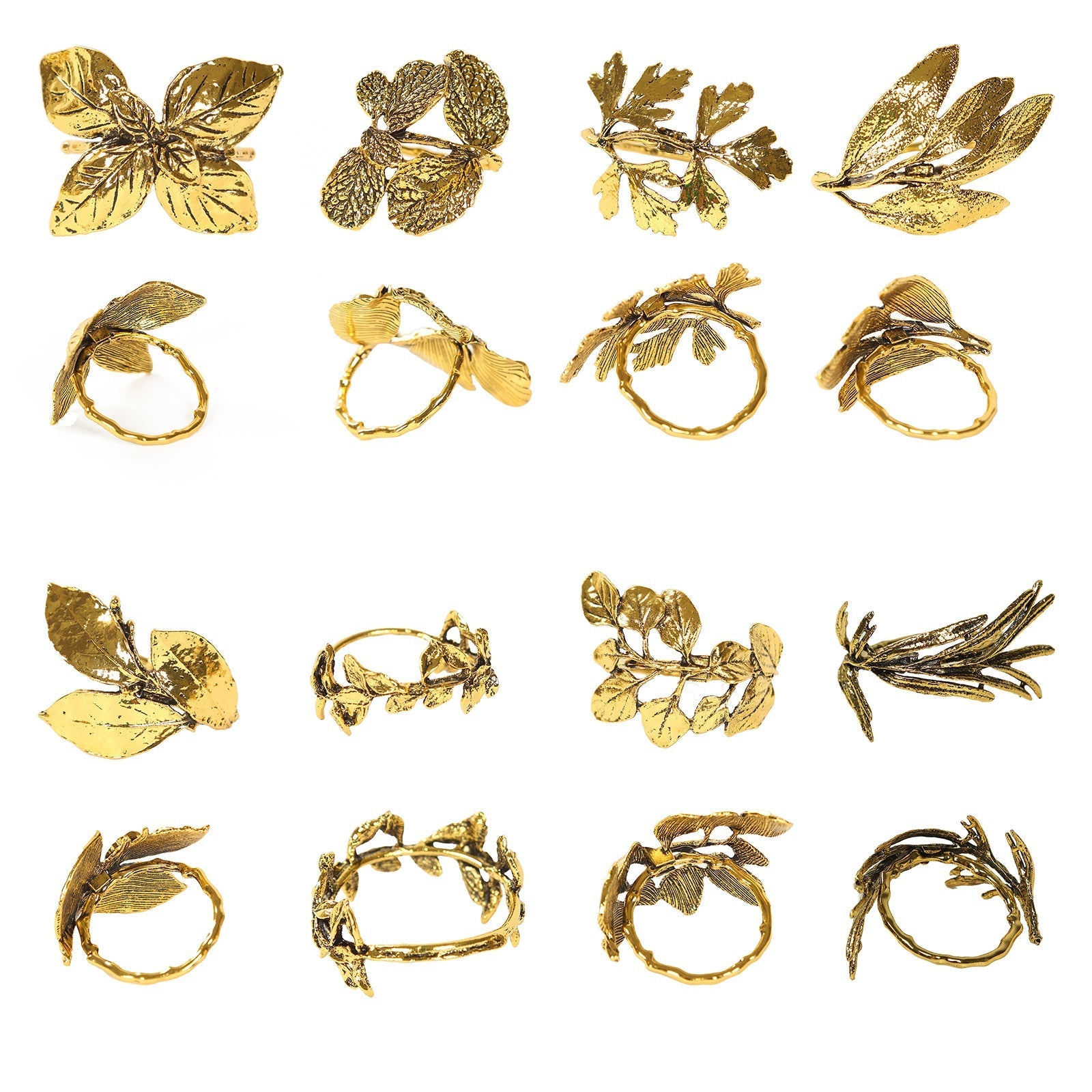 8 Pack Glossy Gold Metal Leaf Napkin Rings, Vintage Herb Napkin Holders