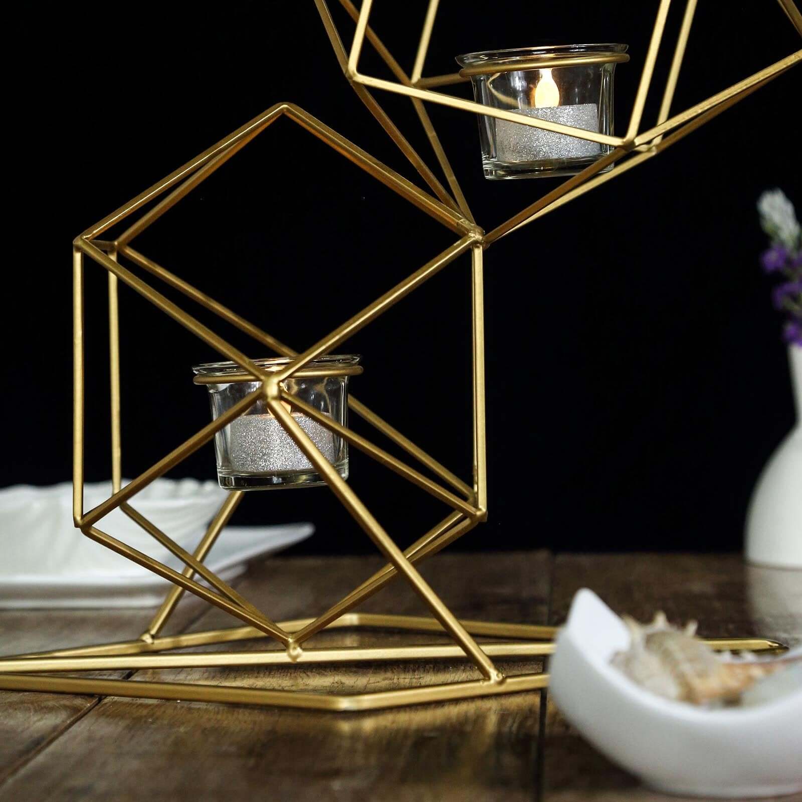 Tealight Candle Holder Metal Linked Geometric Design Gold with Votive Glass Holders - Sophisticated Decor for Tables & Gatherings 25"
