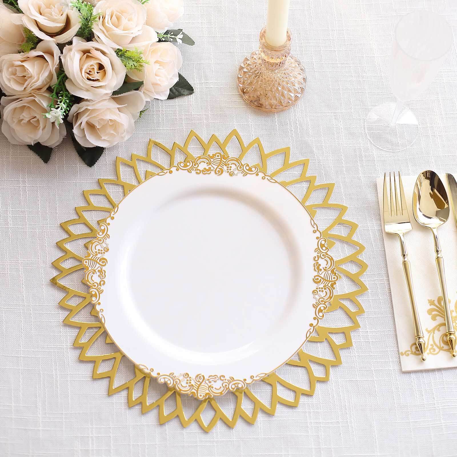 6-Pack Disposable Table Placemats in Metallic Gold with Laser Cut Hibiscus Flower Design - 400GSM Cardboard Placemats for Glamorous Table Decor 13"