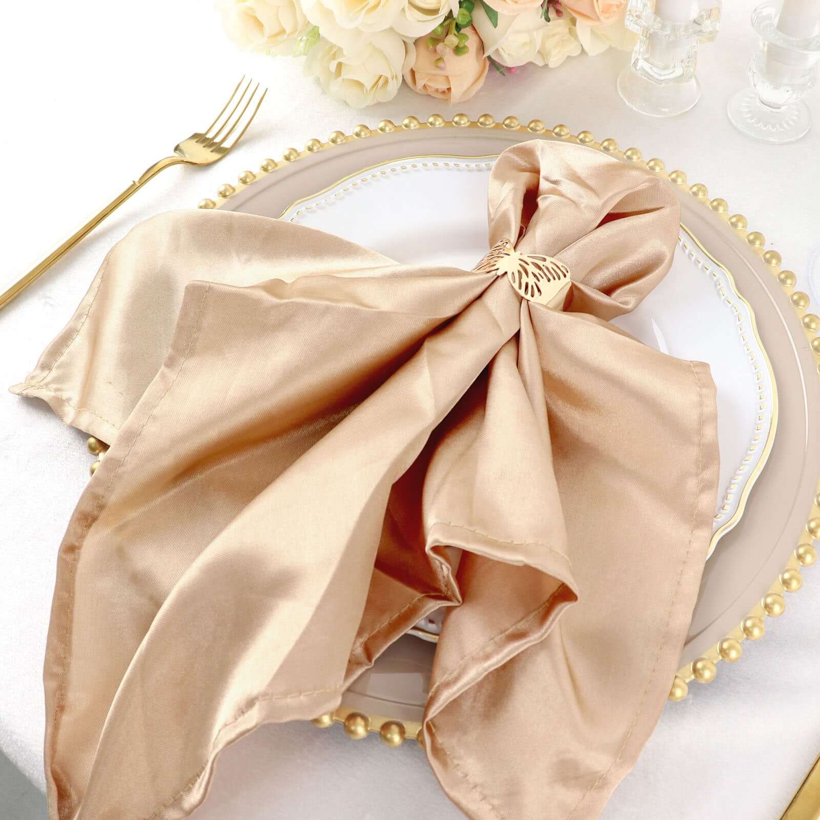 5 Pack Satin 20"x20" Napkins Nude - Luxurious Shine & Smooth Dinner Napkins