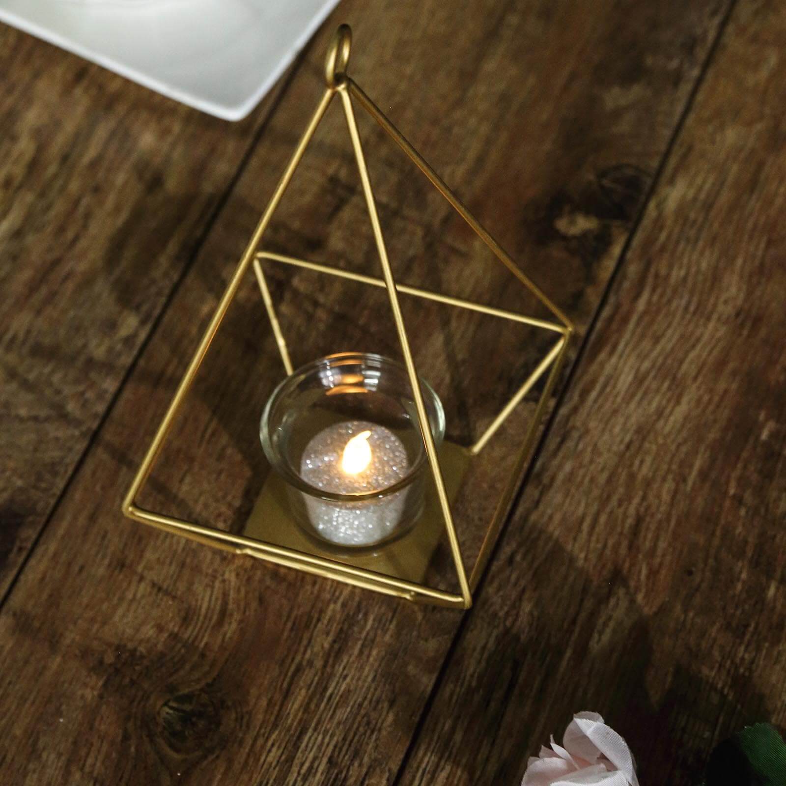 2-Pack Tealight Candle Holders Gold Metal Pyramid Geometric Open Frame - Flower Stand 9"