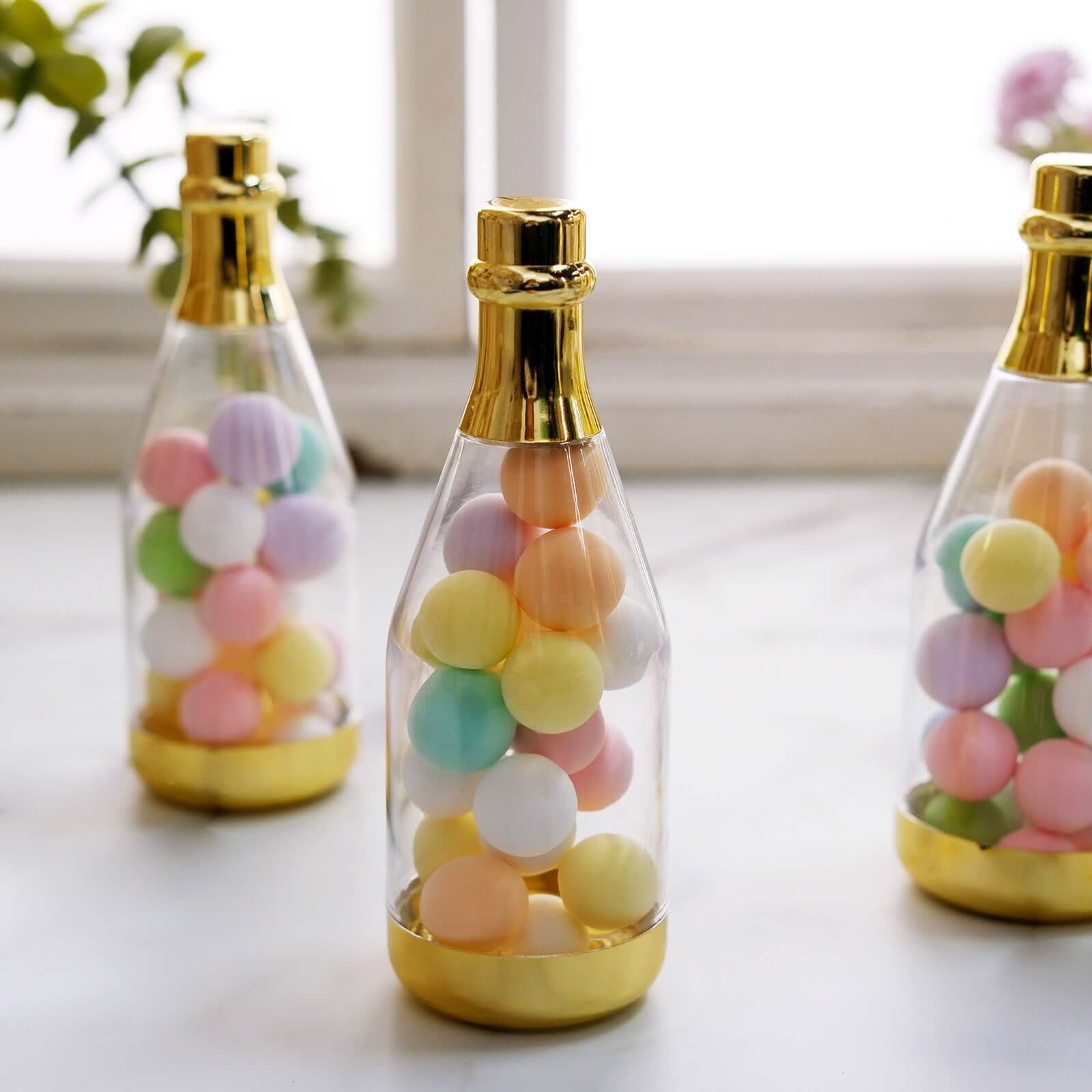 12-Pack Fillable Mini Champagne Bottle Candy Container Clear Gold - Unique Candy Treat Favor Containers 6"