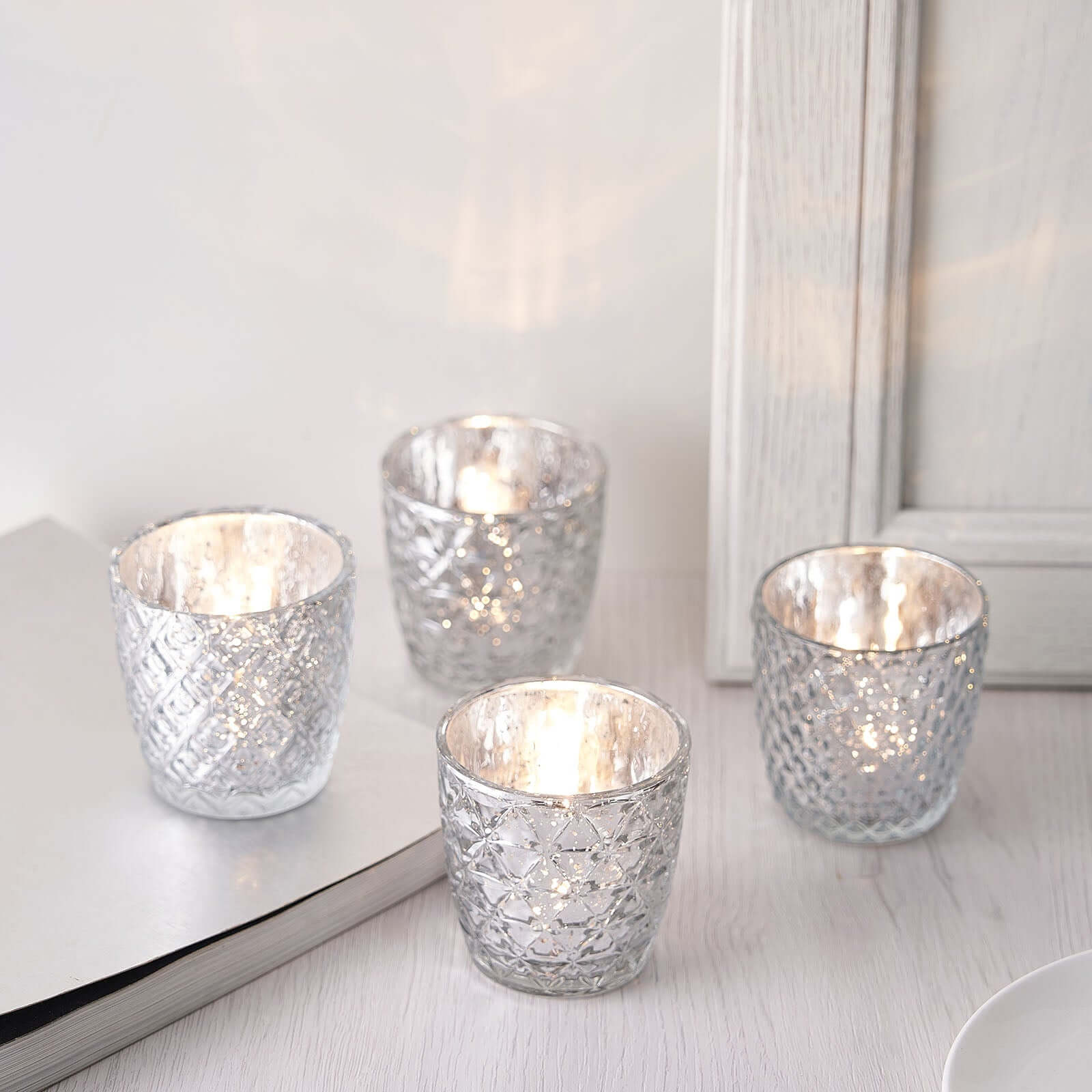 6-Pack Mercury Glass Votive Candle Holders Metallic Silver with Assorted Geometric Designs - Tealight Holders 3"