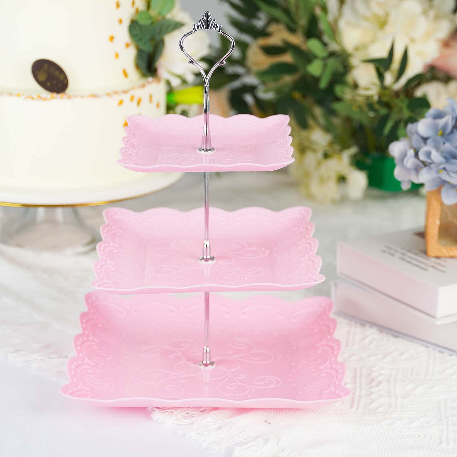 3-Tier Plastic Square Cupcake Stand Tower Pink - Charming Easy to Assemble Dessert Display Serving Tray Platter with Floral Embossed Scalloped Rim & Silver Handle for Tea Parties Weddings & Special Occasions 13"
