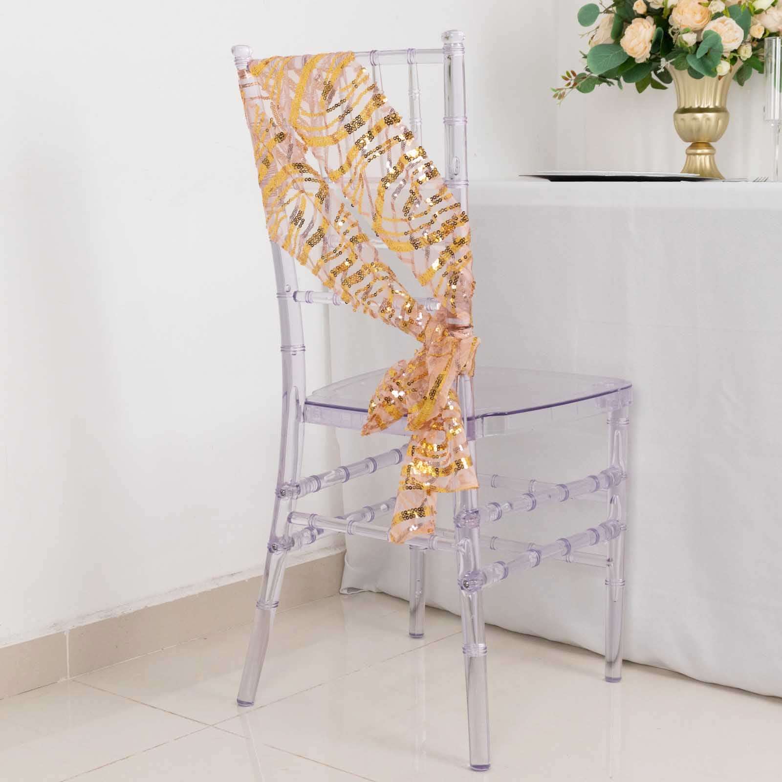 5 Pack Chair Sashes with Wave Embroidered Sequins Rose Gold/Gold 6"x88"