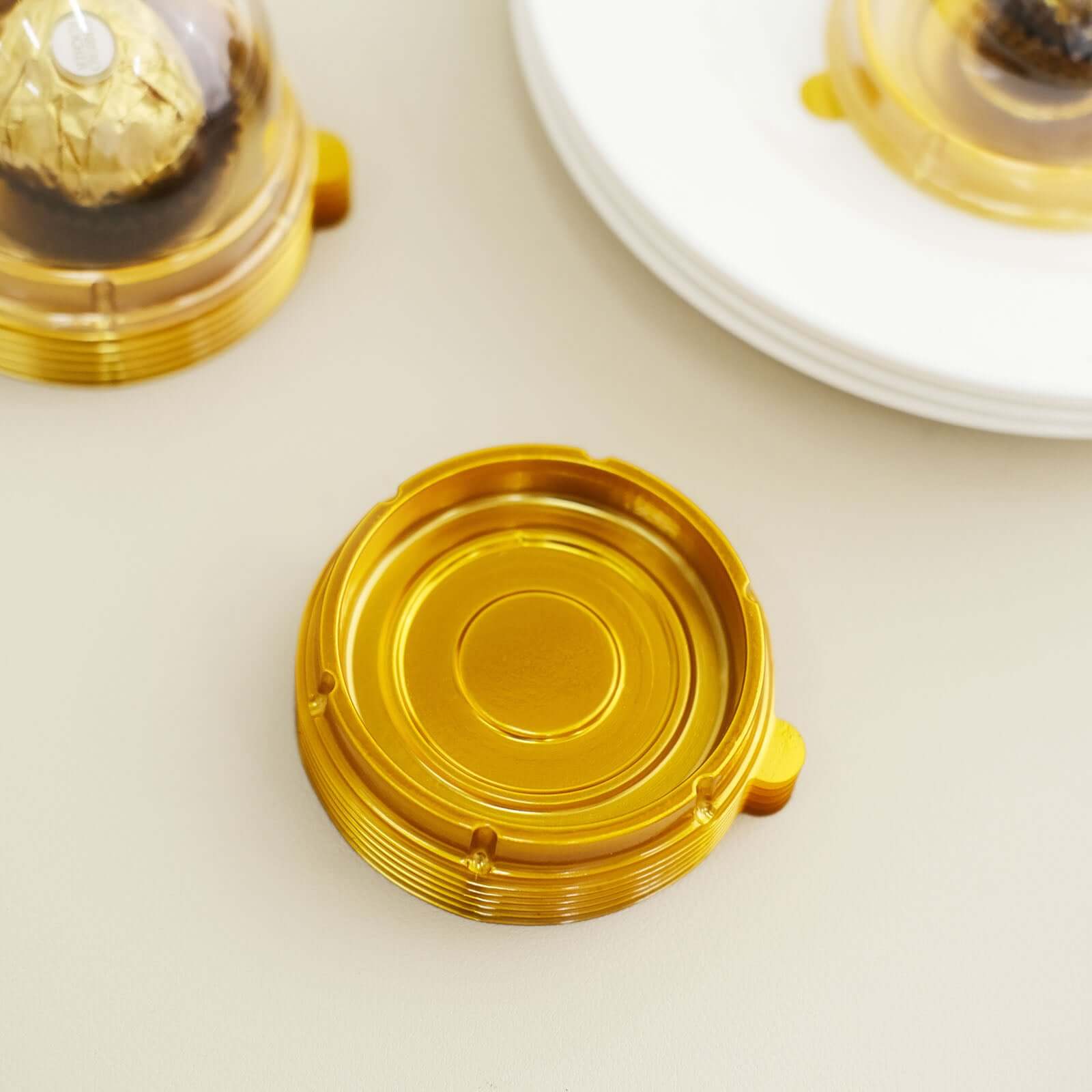 50-Pack Favor Containers Round Dome Design Gold and Clear - Plastic Party Boxes for Cupcakes and Sweets 3"