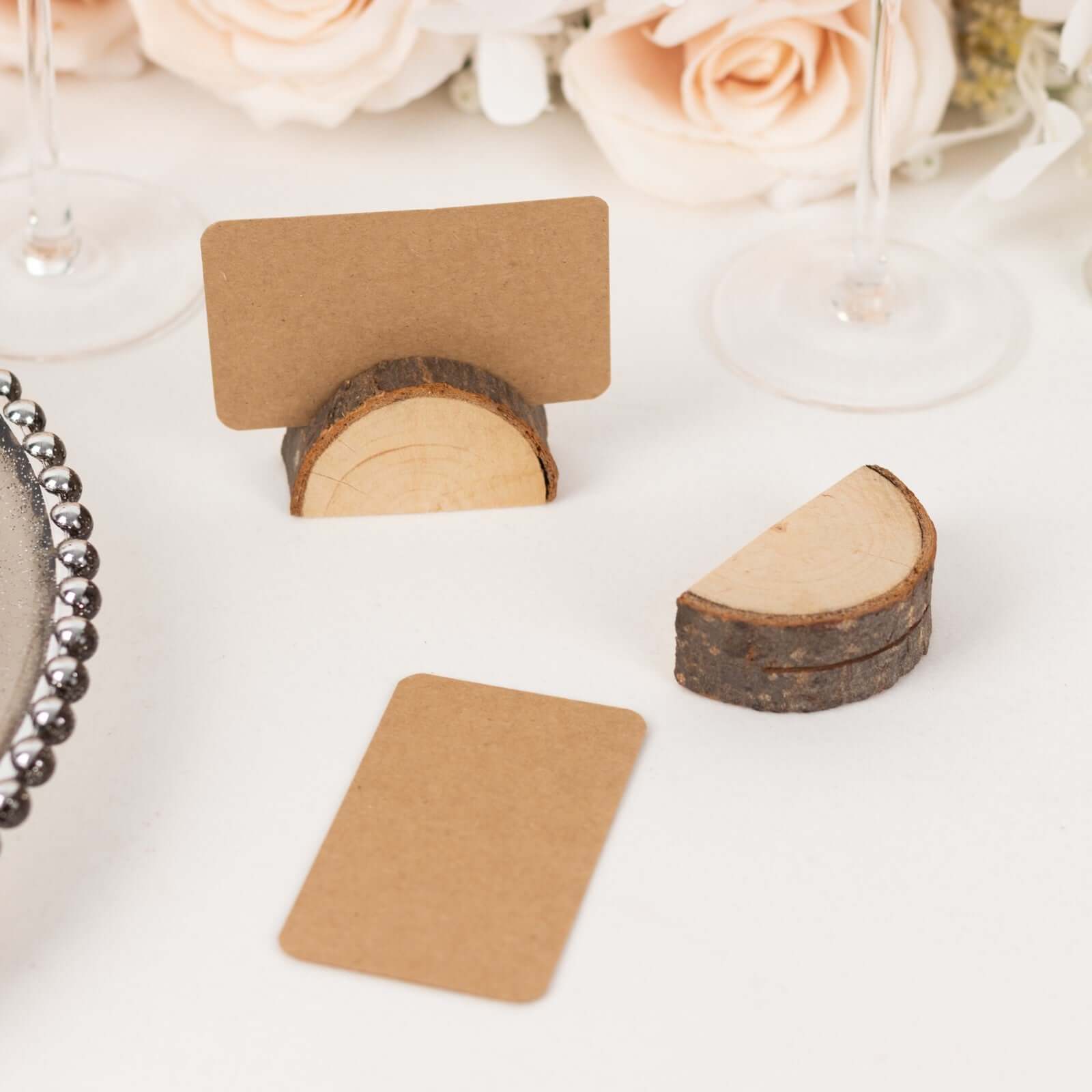 Set of 10 Wood Place Card Holders Rustic Semicircle Design Natural with Brown Paper - Wedding Table Number Display 2.5"