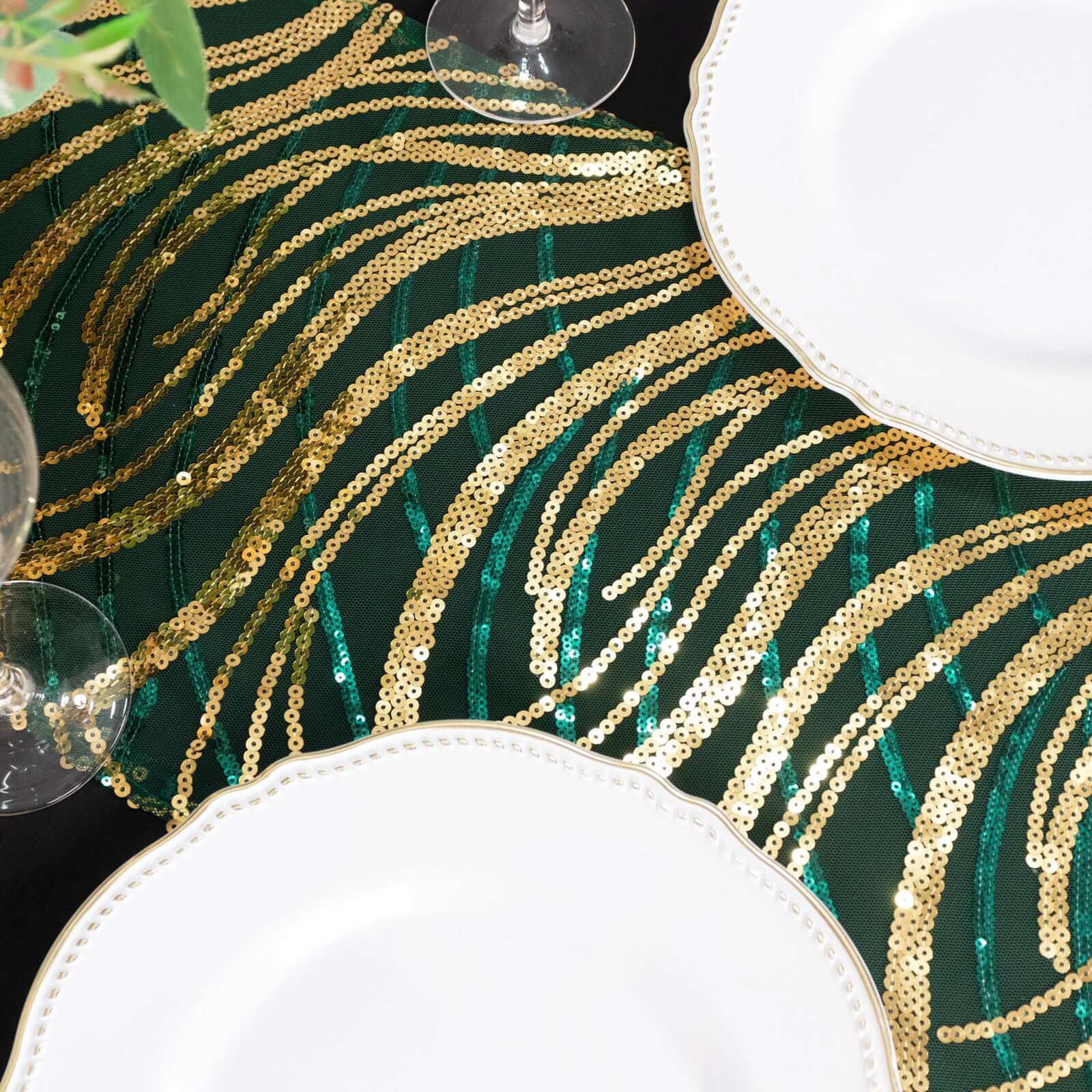 Sequin Mesh 12"x108" Table Runner Hunter Emerald Green/Gold Stylish Wave Embroidery
