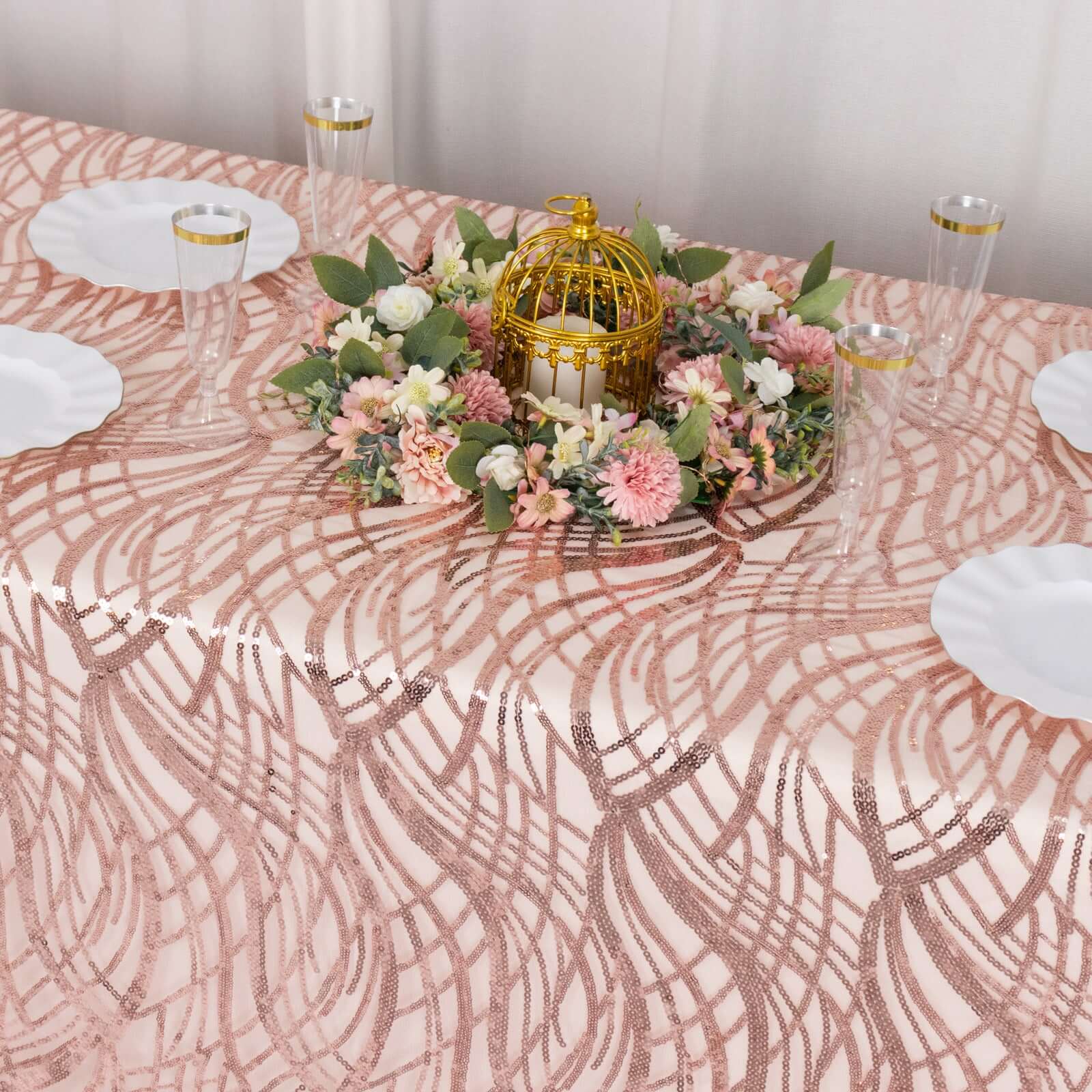 Mesh 90"x156" Rectangle Tablecloth Rose Gold - Wave Sequin Embroidered Table Cover