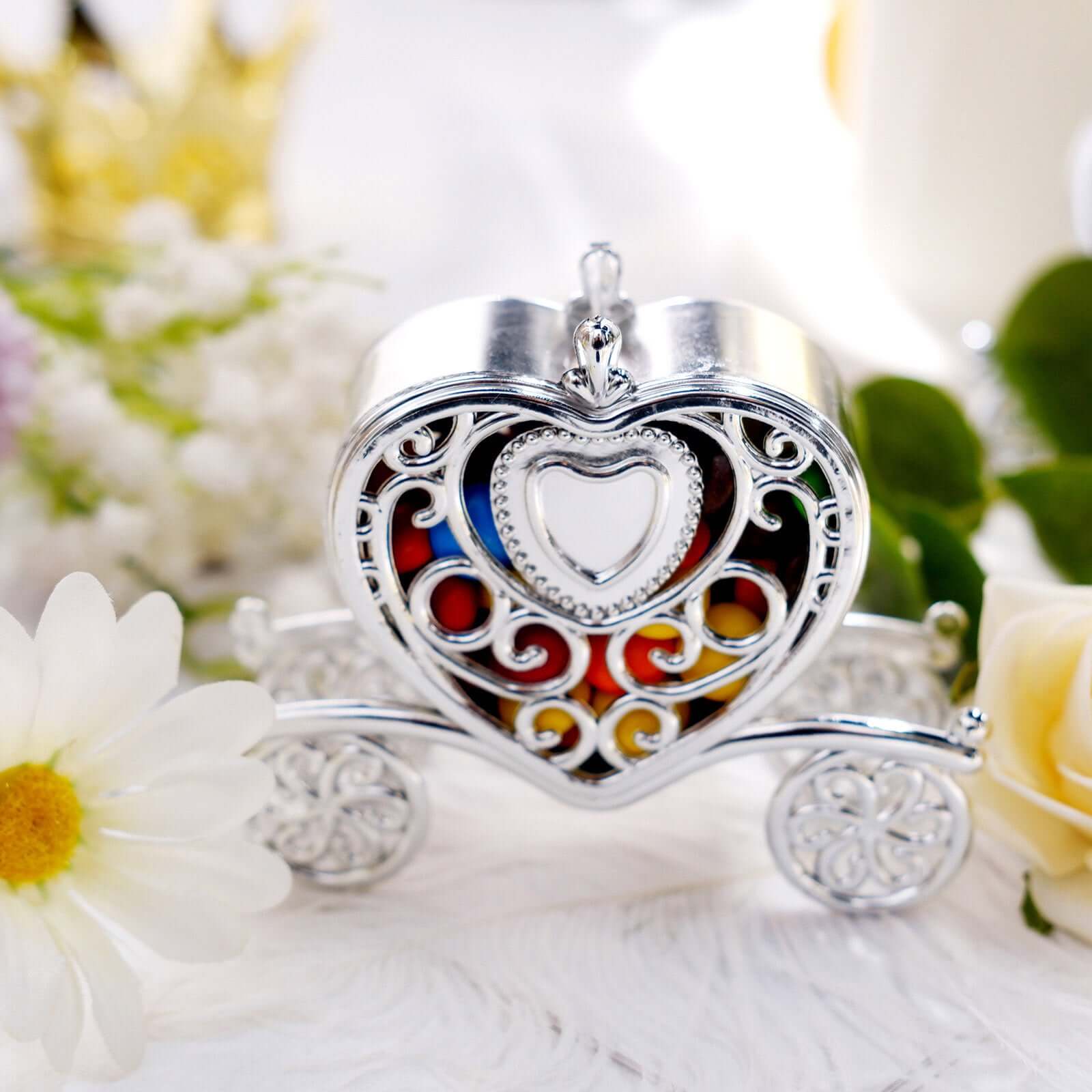 12-Pack Heart Carriage Candy Container Gift Boxes Silver Princess - Stylish Favor Boxes for Special Occasions 4"