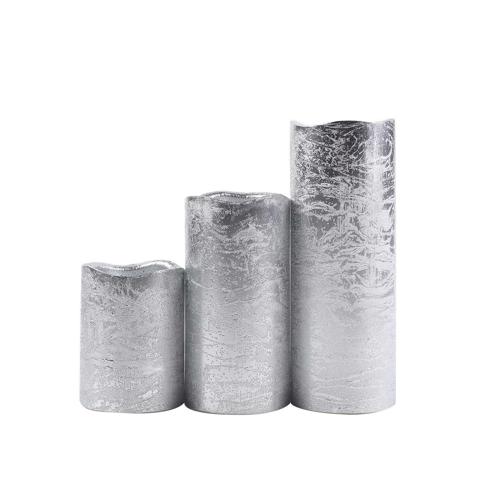 Set of 3 LED Flameless Pillar Candles Remote Operated Metallic Silver - Battery Powered 4", 6", 8"