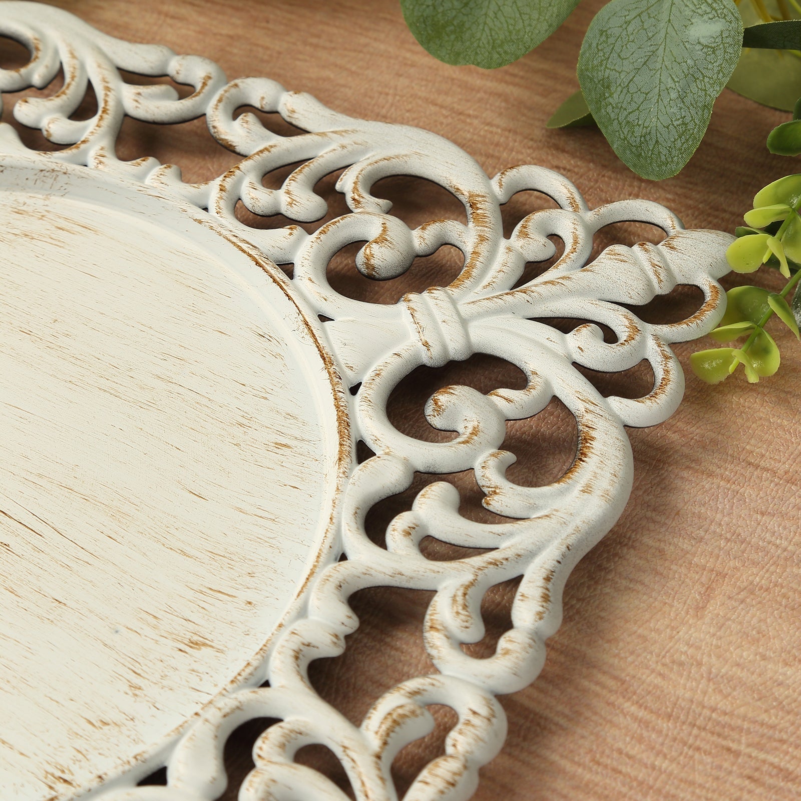 6-Pack Acrylic Square Charger Plates 12" Antique White with Hollow Lace Border, Event Tabletop Decorative Charger Tableware