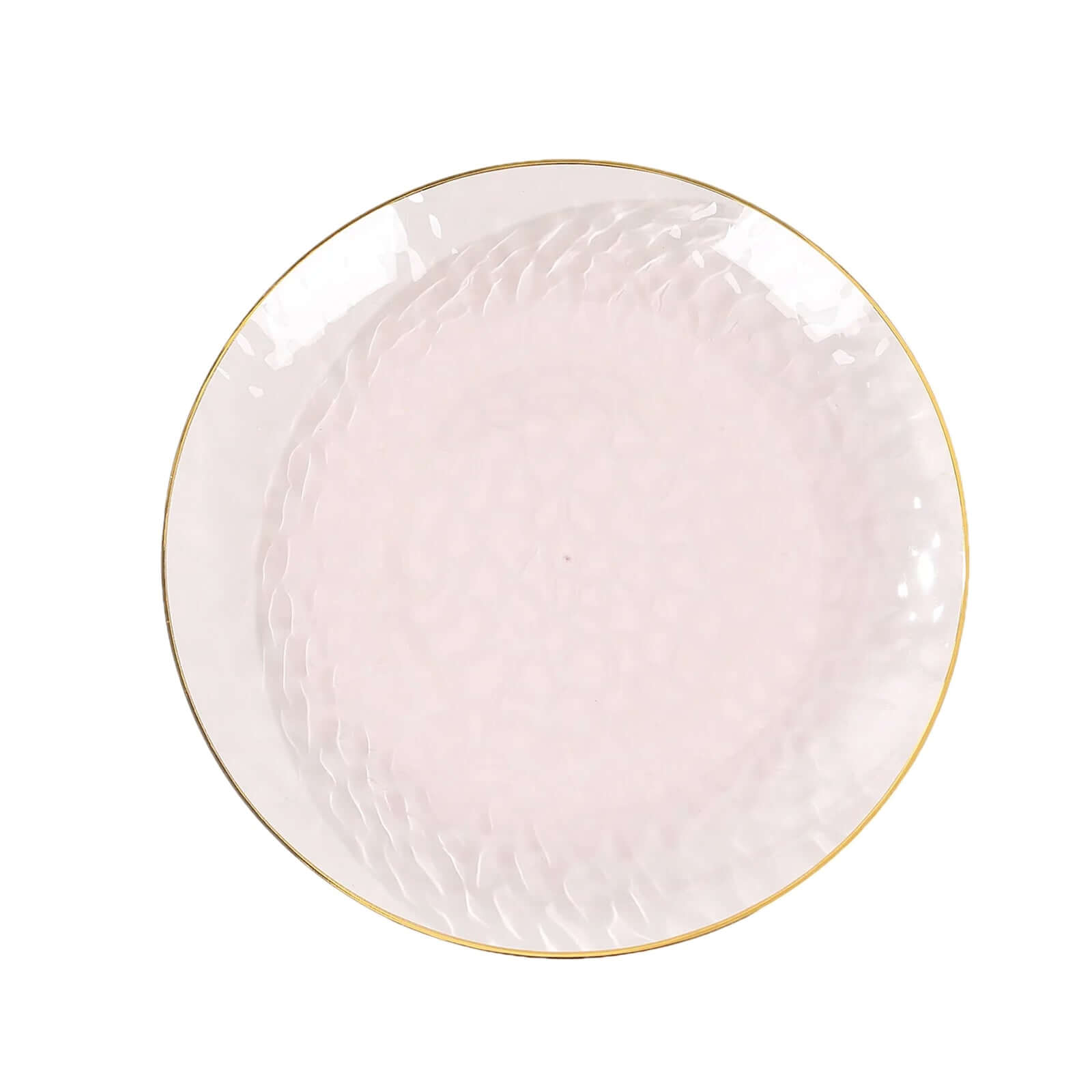 10-Pack Plastic 9" Round Dinner Plates in Transparent Blush Hammered Design with Gold Rim - Modern Disposable Party Plates