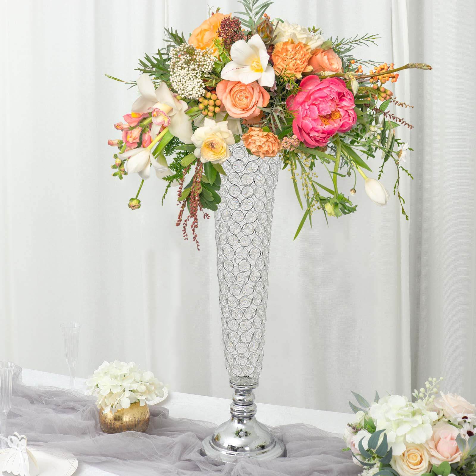 2-Pack Crystal Beaded Trumpet Vase Silver - Exquisite Floral Display Centerpiece Stand Set for Banquets & Receptions 28" Tall