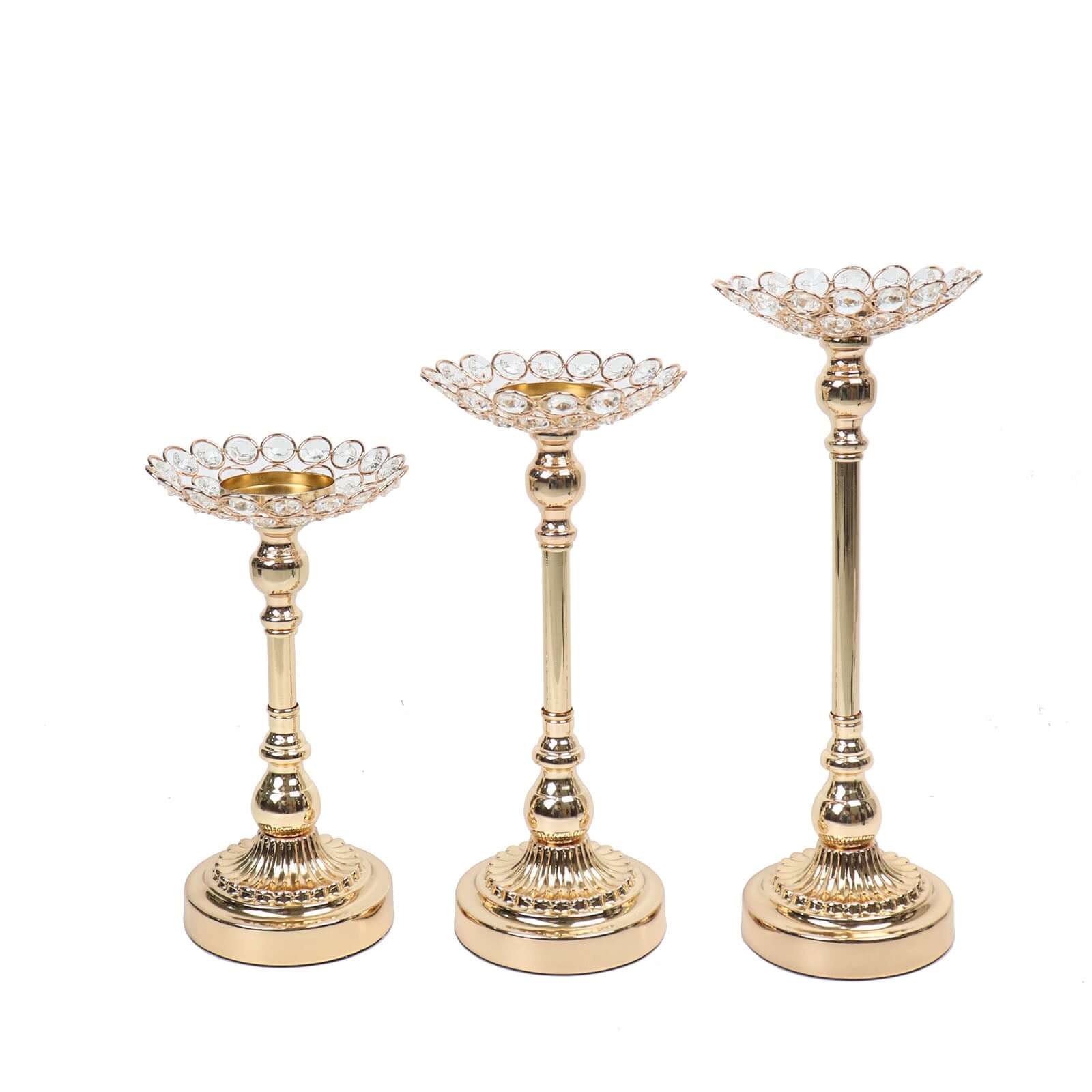 Set of 3 Metal Votive Candle Holders Crystal Beaded Design Gold - Tea Light Centerpieces 11", 13", 15"