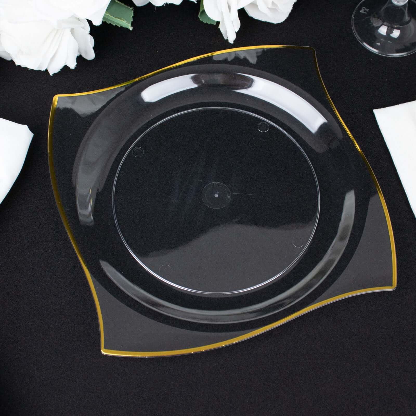 10-Pack Plastic 10" Square Dinner Plates in Clear with Gold Wavy Rim Modern - Disposable Party Plates