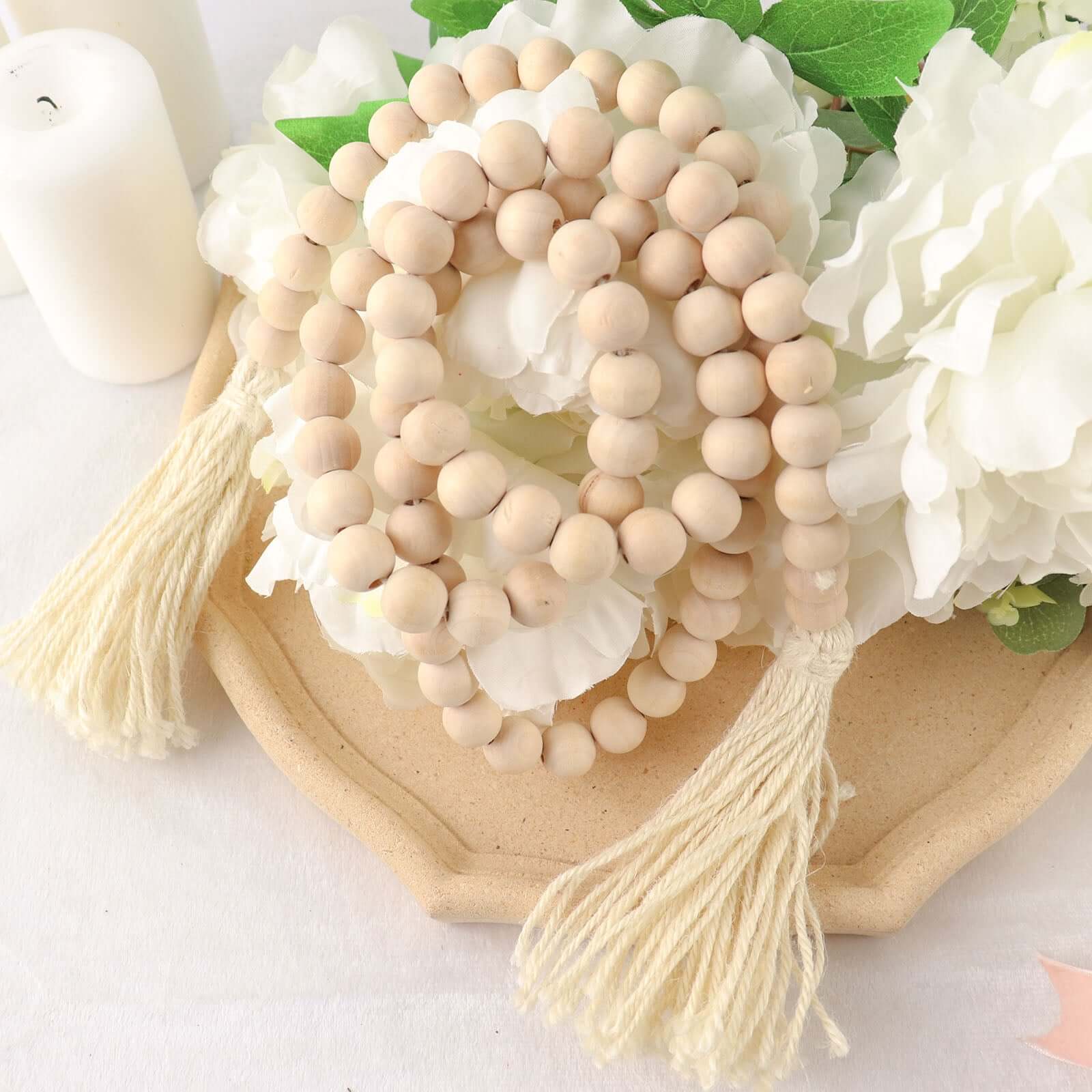 55" Cream Rustic Boho Chic Wood Bead Garland With Tassels, Farmhouse Country Wood Bead Chain