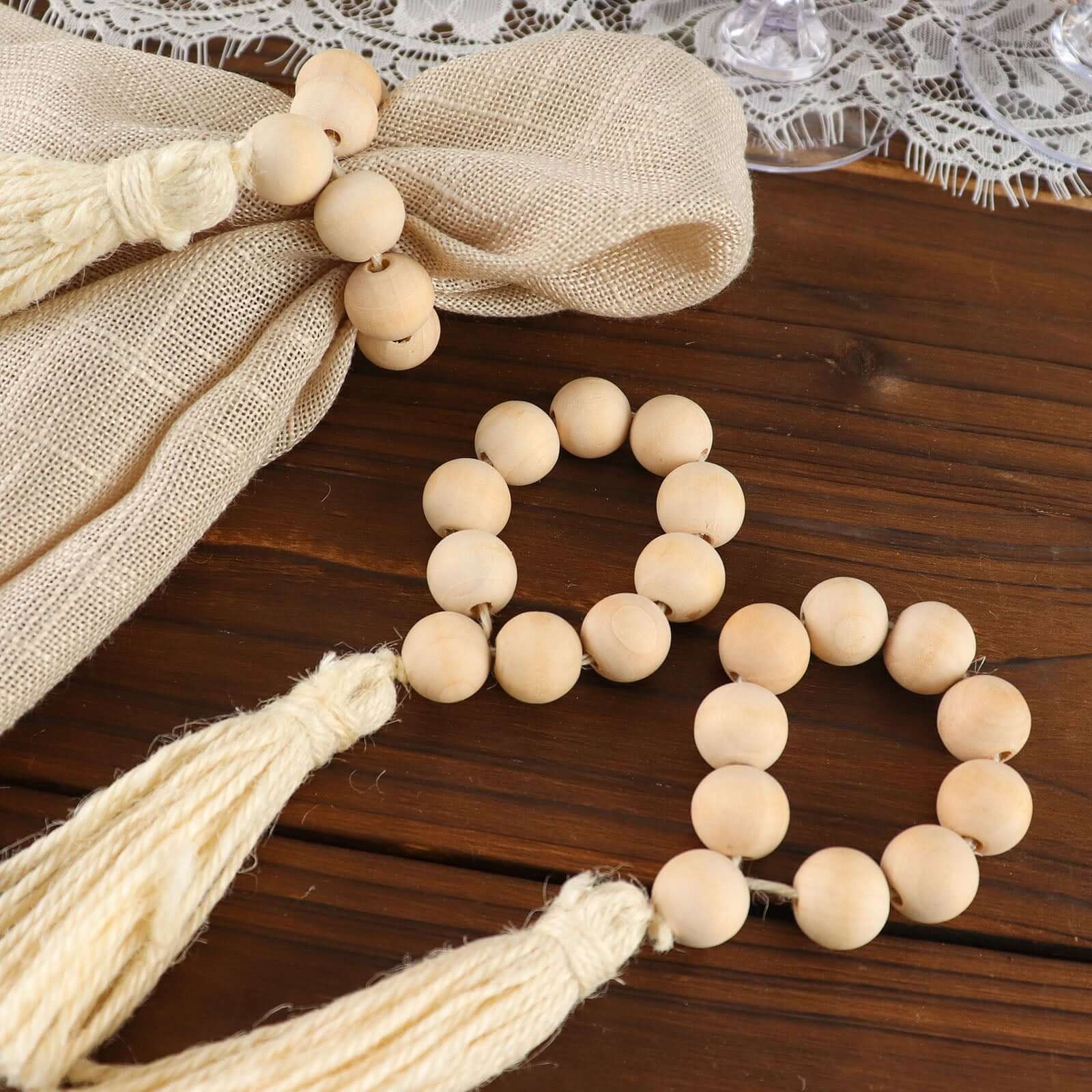 4 Pack 6" Cream Rustic Boho Chic Wood Bead Napkin Rings With Tassels, Farmhouse Country Napkin Holders