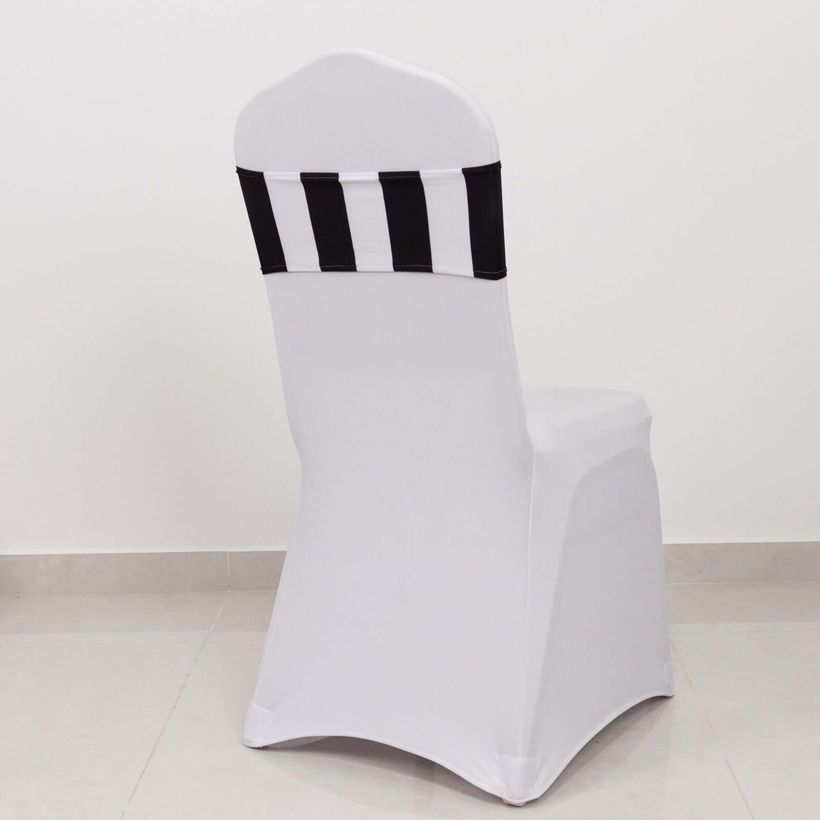 5 Pack Spandex Chair Sashes Black/White Vertical Stripes - Easy to Use & Wrinkle-Free Stretch Chair Bands for Stunning Tablescapes 5"x14"