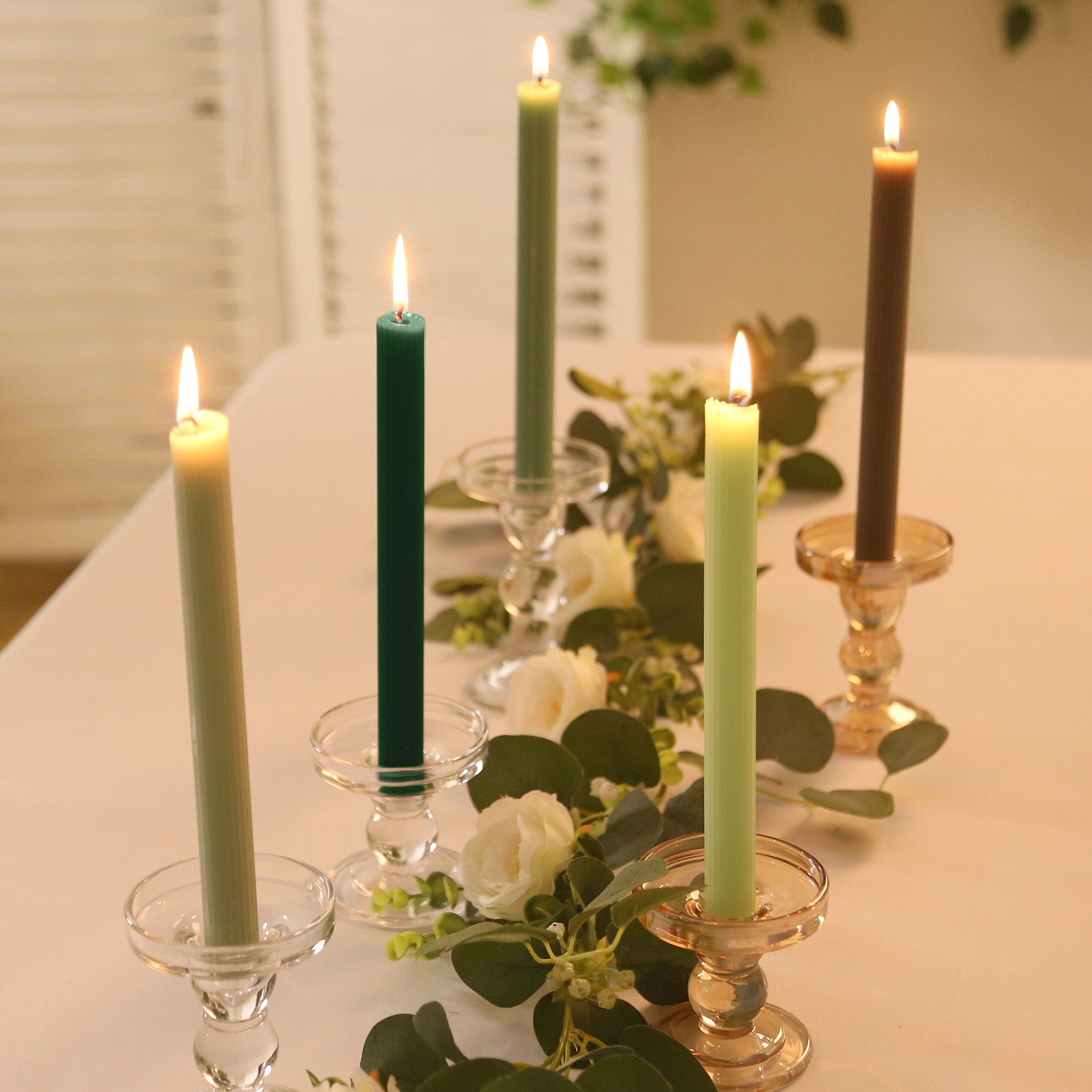 5-Pack Taper Candles Ribbed Wick Ribbon Wax Design Assorted Sage Green - Premium Unscented Dinner Candles 9"