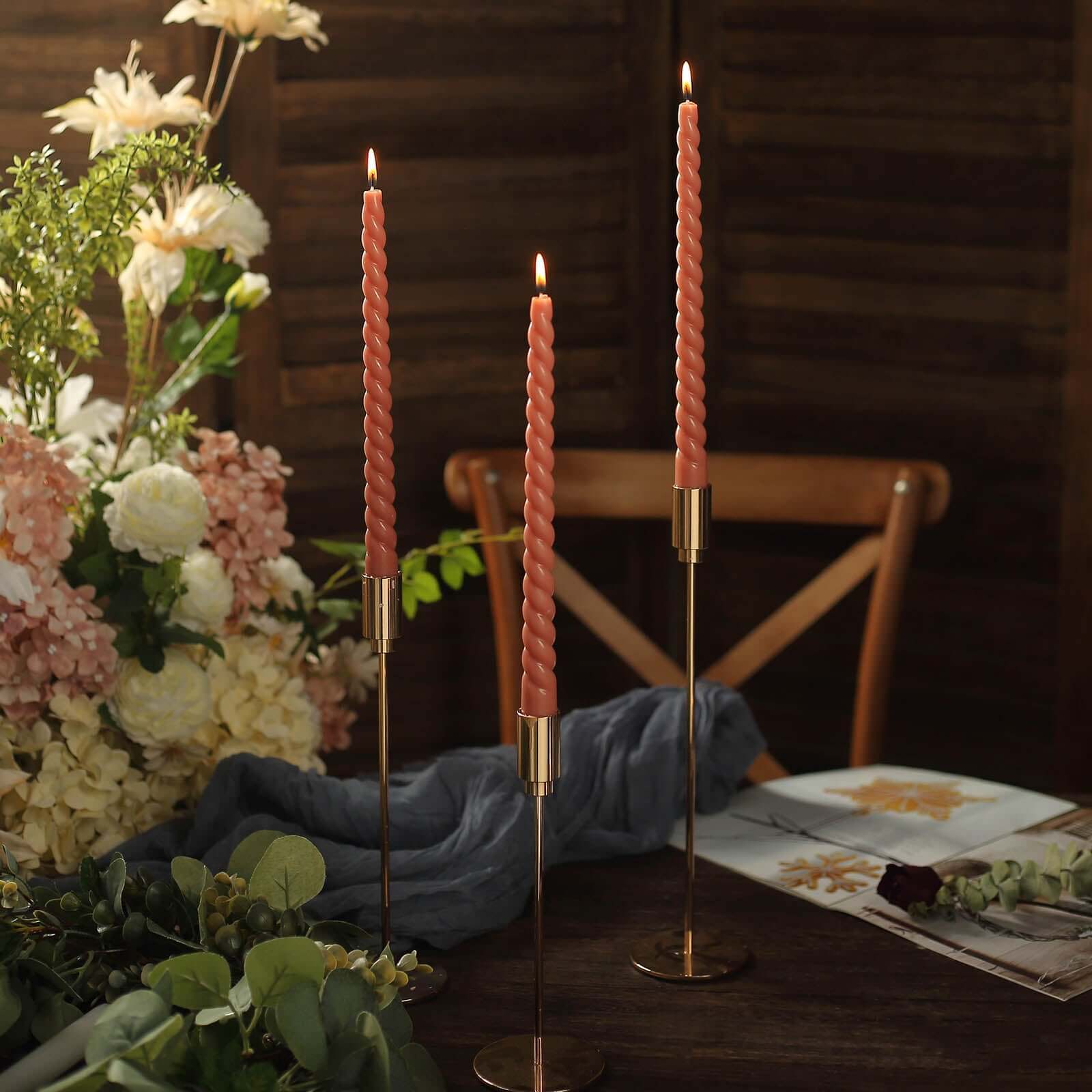 12-Pack Taper Candles Spiral Long Burn Wick Design Dark Nude - Premium Unscented Wax Dinner Candle Sticks 11"