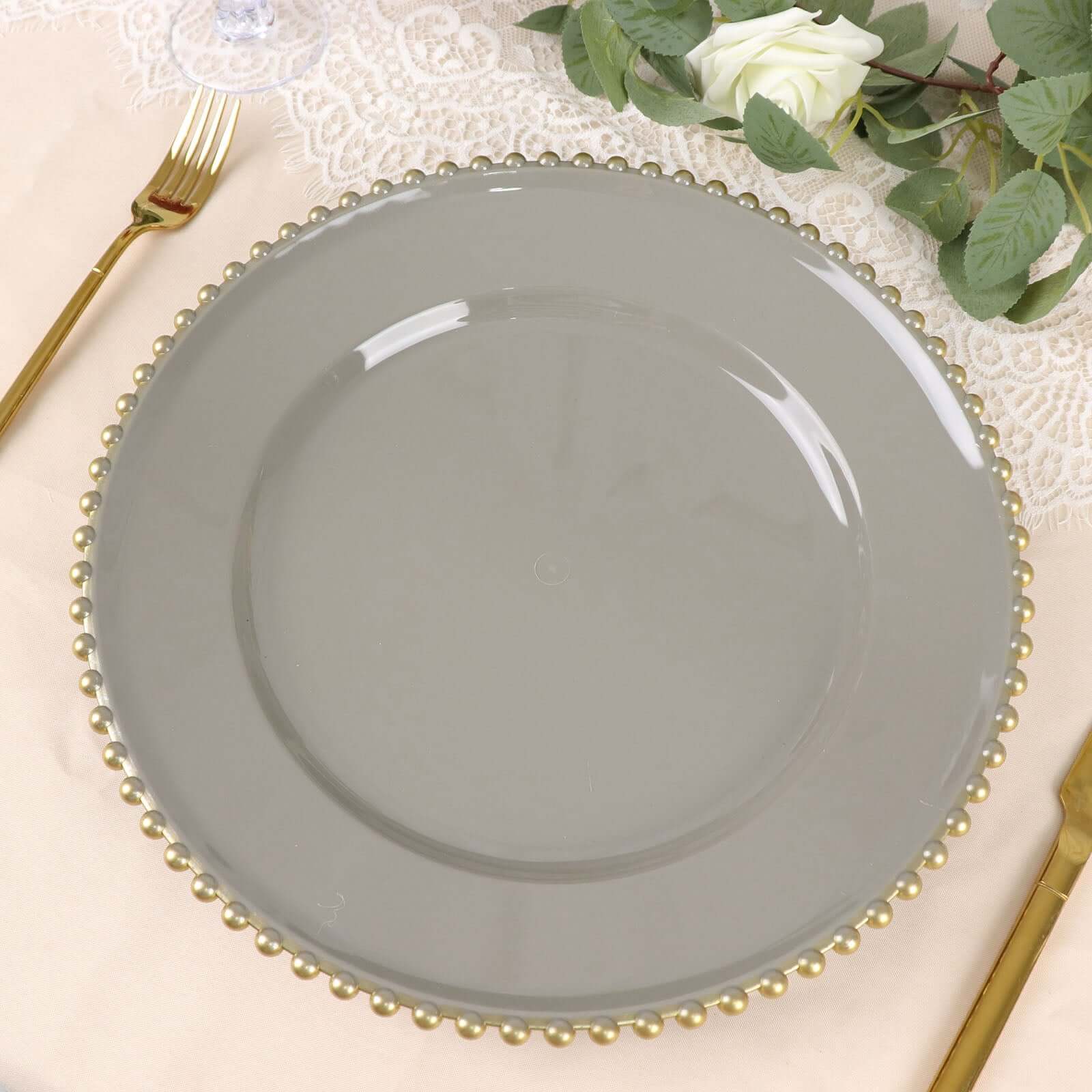 6-Pack Acrylic Round Charger Plates 13" in Charcoal Gray with Gold Beaded Rim, Decorative Dinner Party Charger Tableware